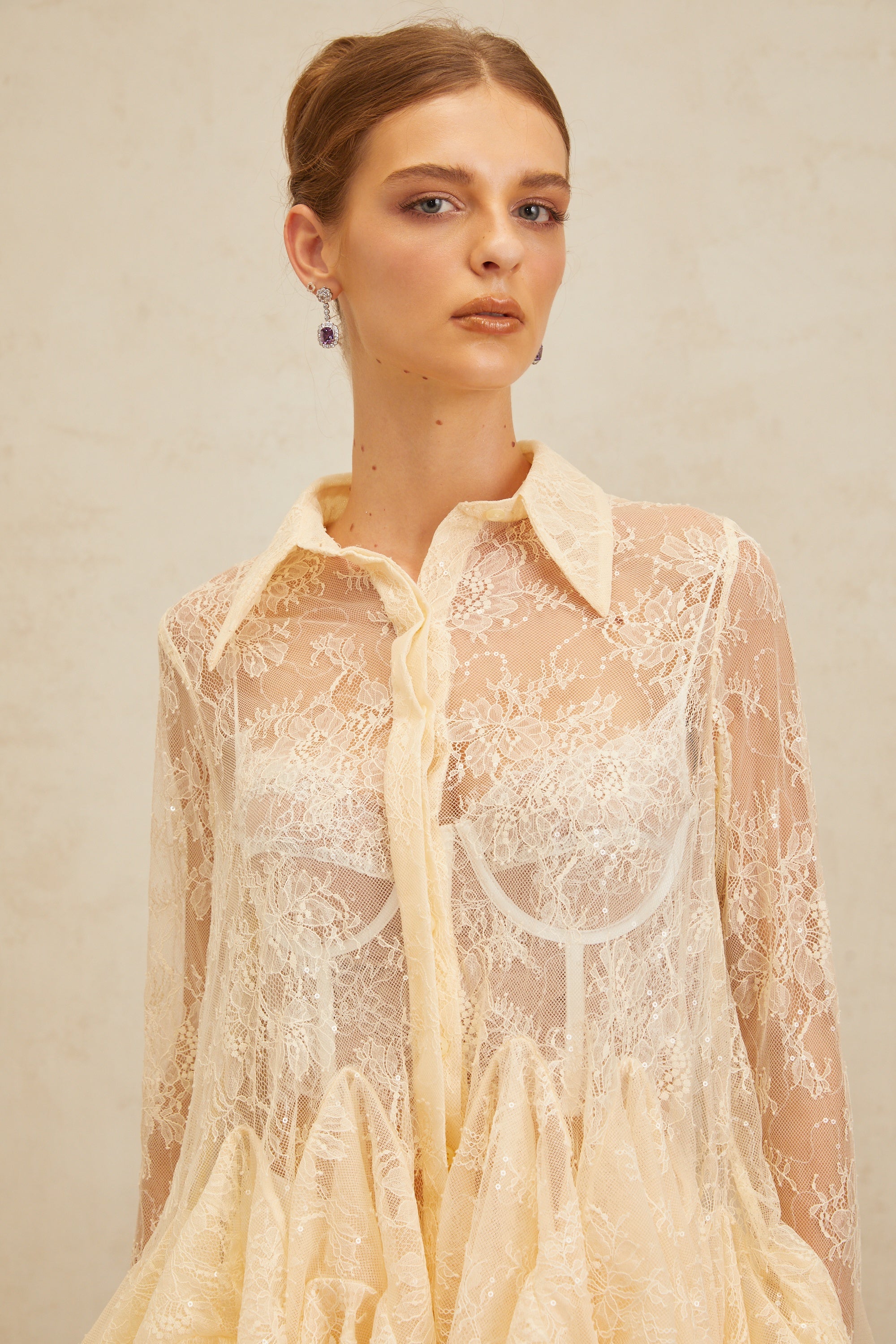 Ingrid Neutral Peplum Floral Lace Blouse