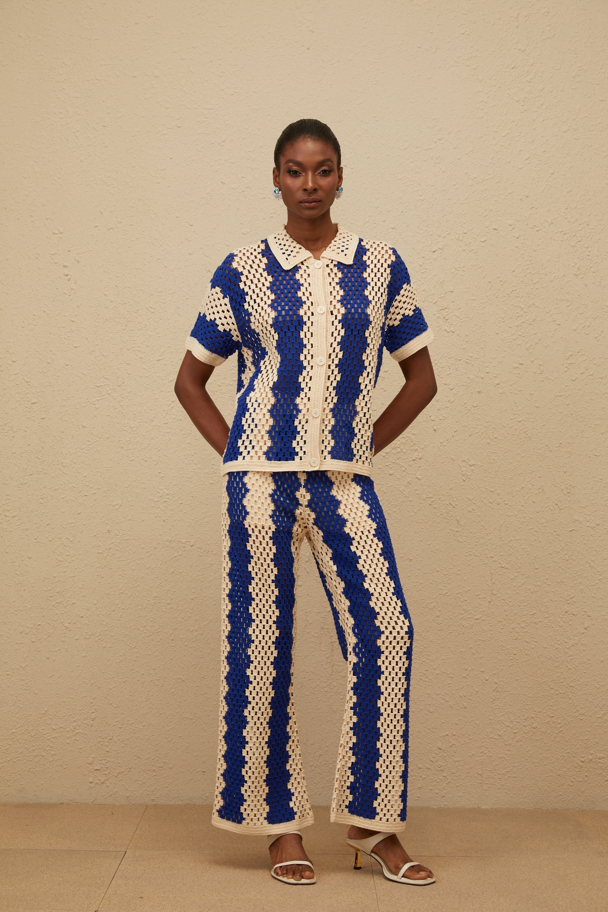 Océane Blue Cutout Crochet Knit Shirt & Trousers Set