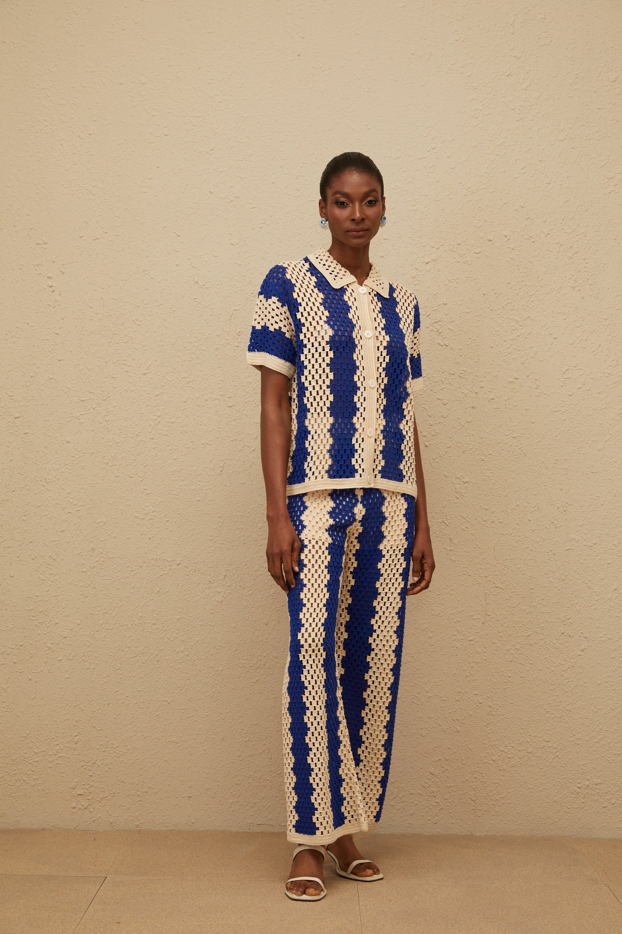 Océane Blue Cutout Crochet Knit Shirt & Trousers Set