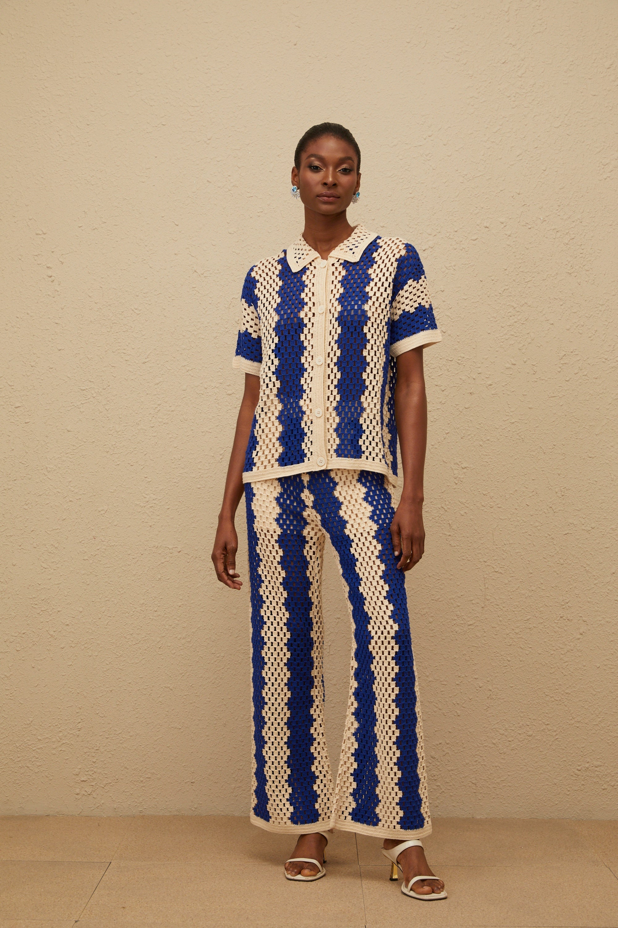 Océane Blue Cutout Crochet Knit Shirt & Trousers Set
