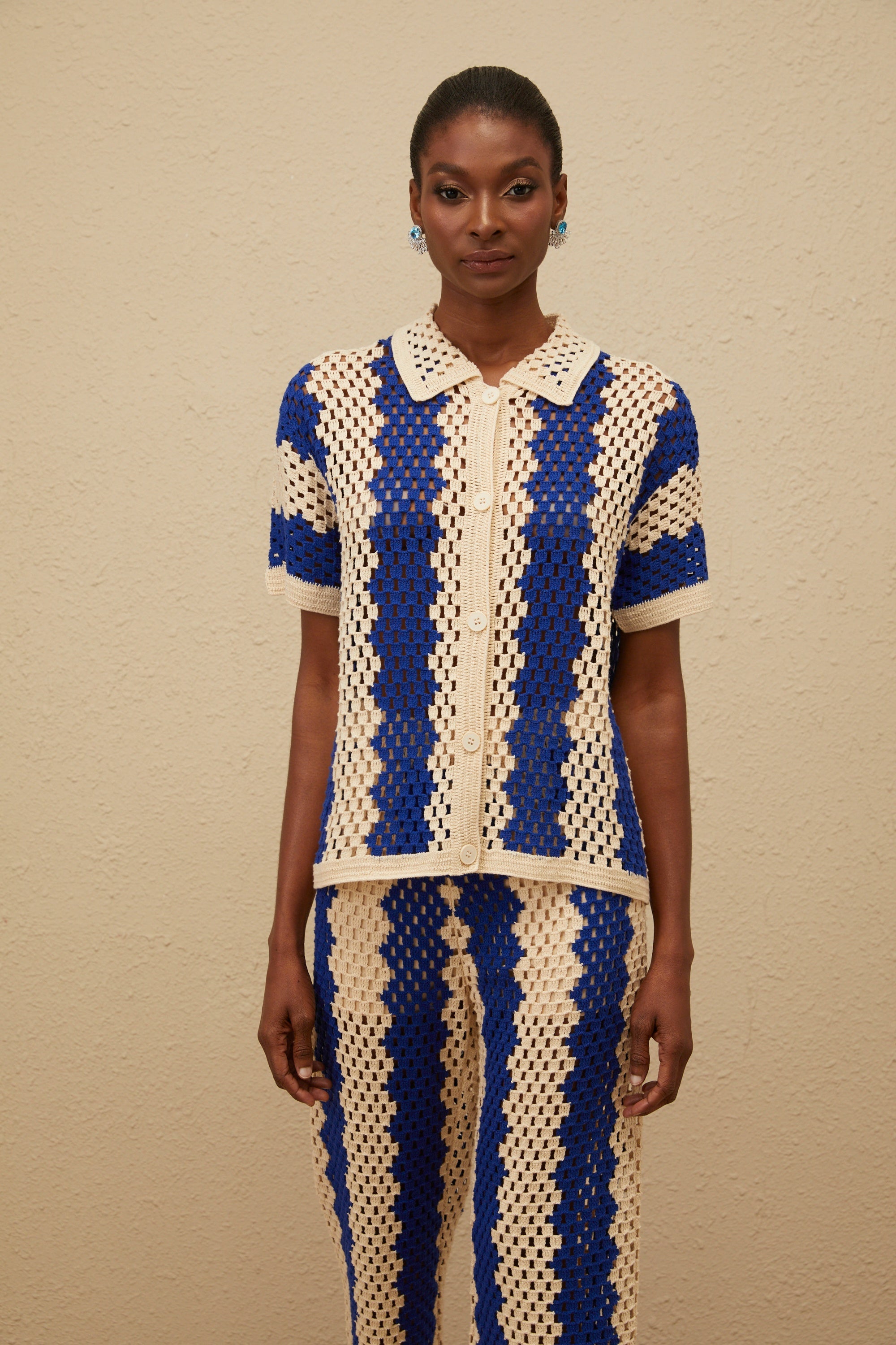 Océane Blue Cutout Crochet Knit Shirt & Trousers Set