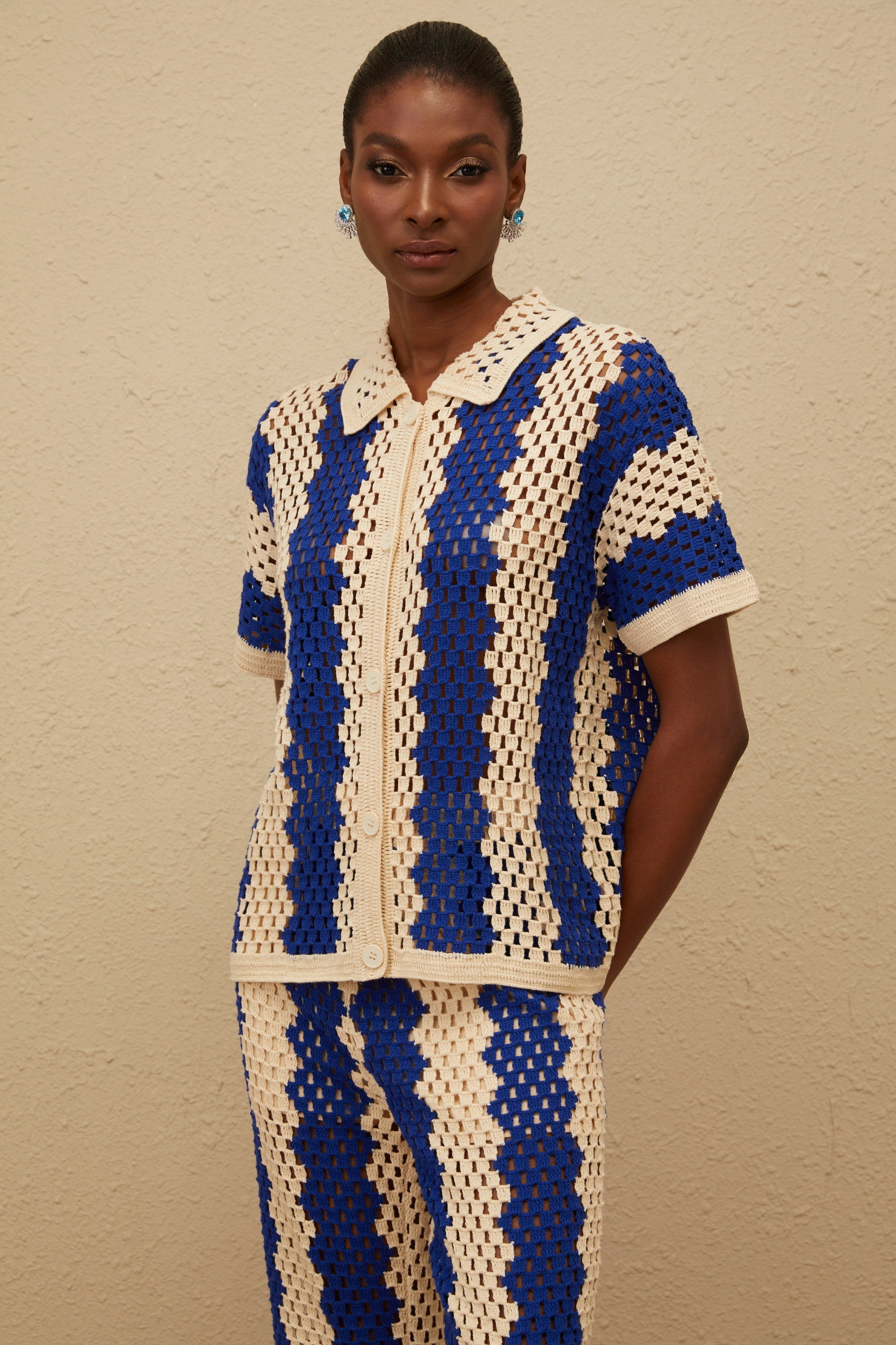 Océane Blue Cutout Crochet Knit Shirt & Trousers Set