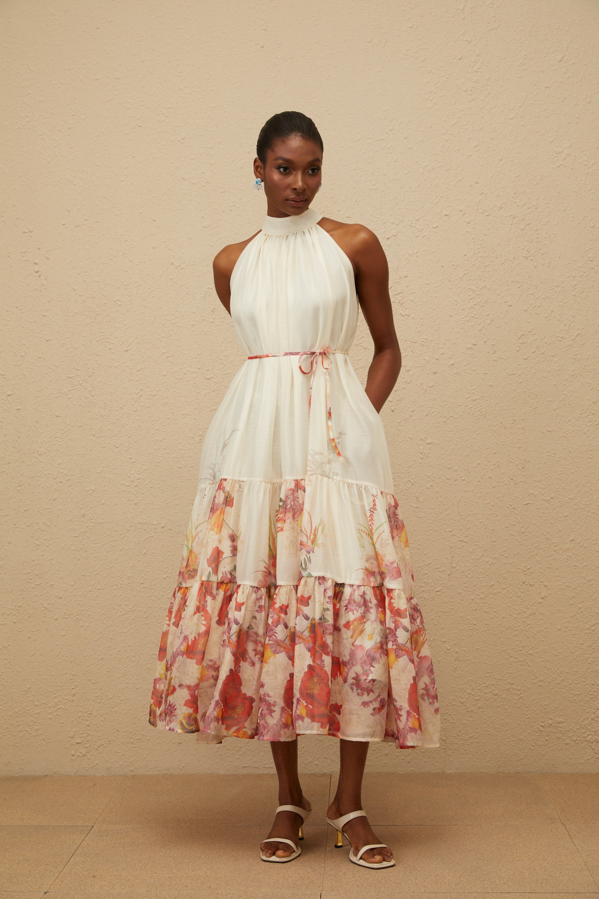 Fleur Neutral Shirred Floral Midi Dress