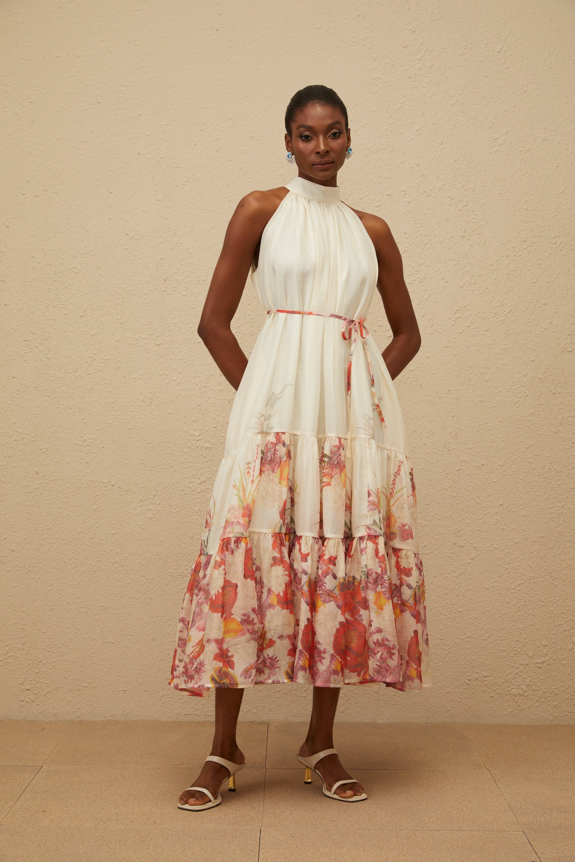 Fleur Neutral Shirred Floral Midi Dress