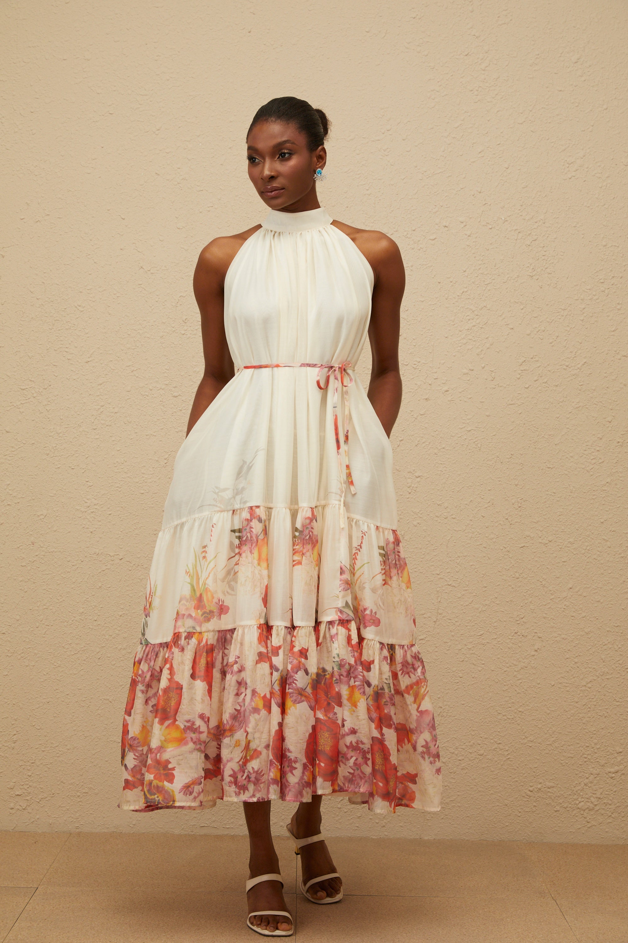 Fleur Neutral Shirred Floral Midi Dress