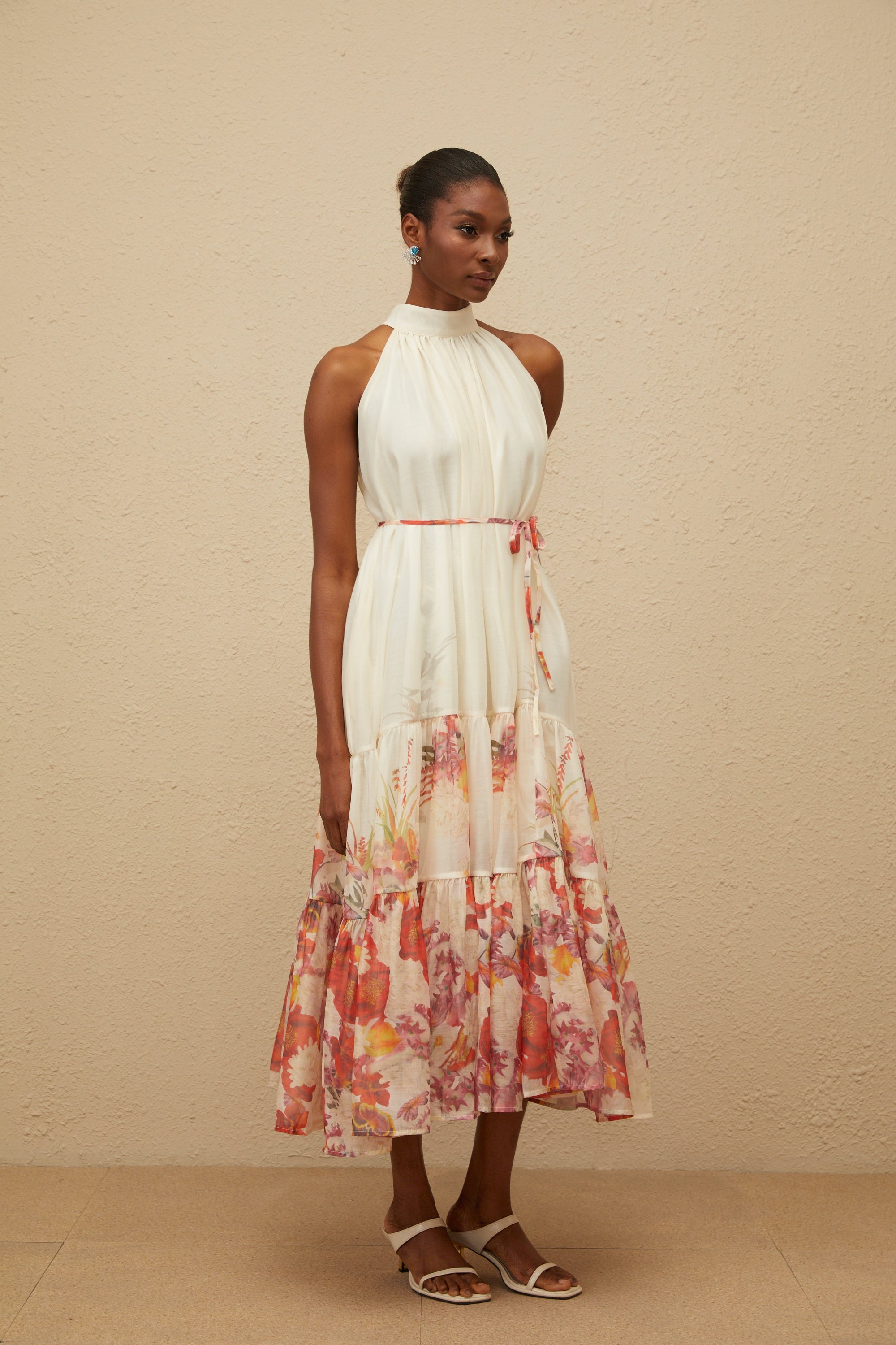 Fleur Neutral Shirred Floral Midi Dress