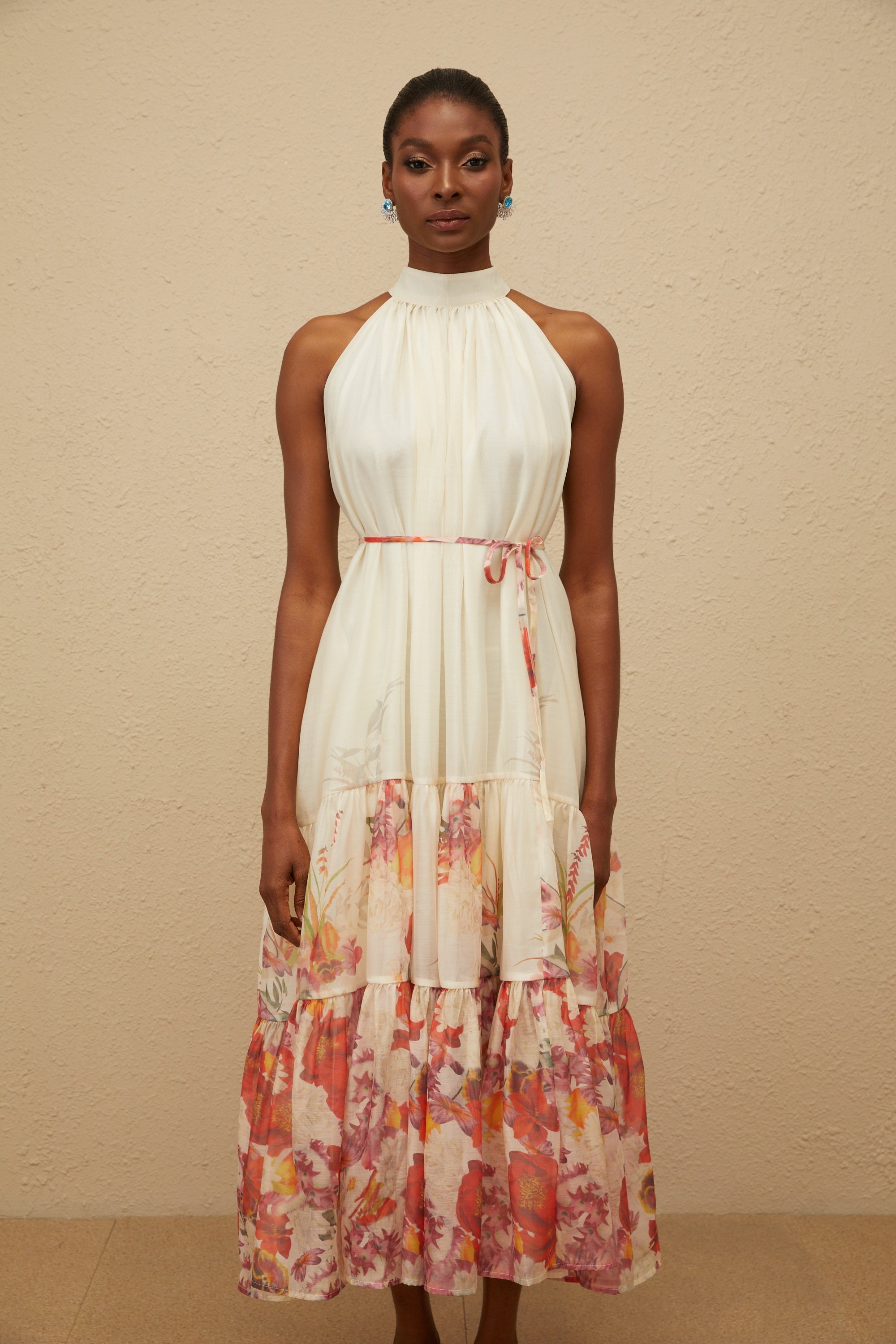 Fleur Neutral Shirred Floral Midi Dress