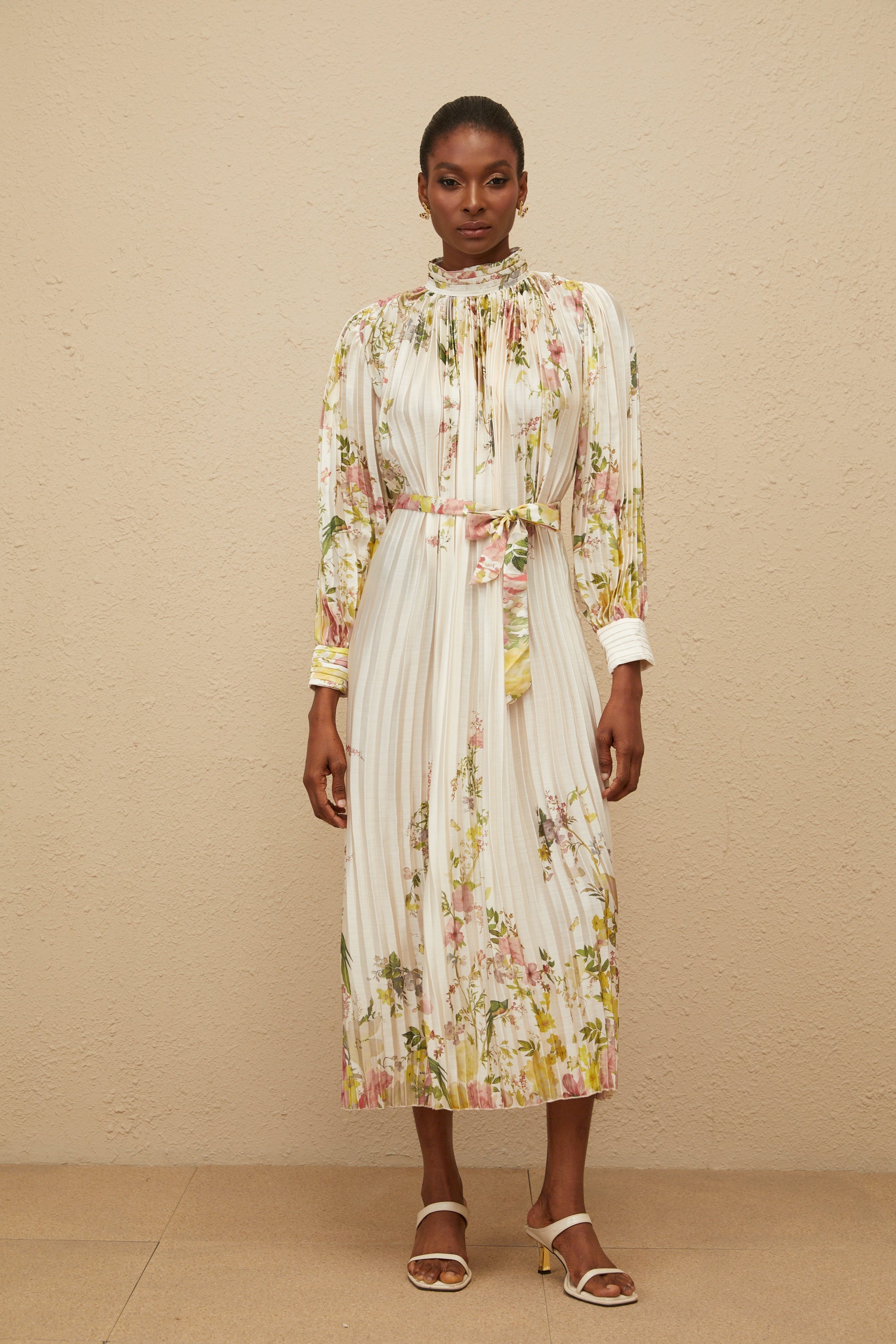 Poétique White Pleated Floral Print Midi Dress