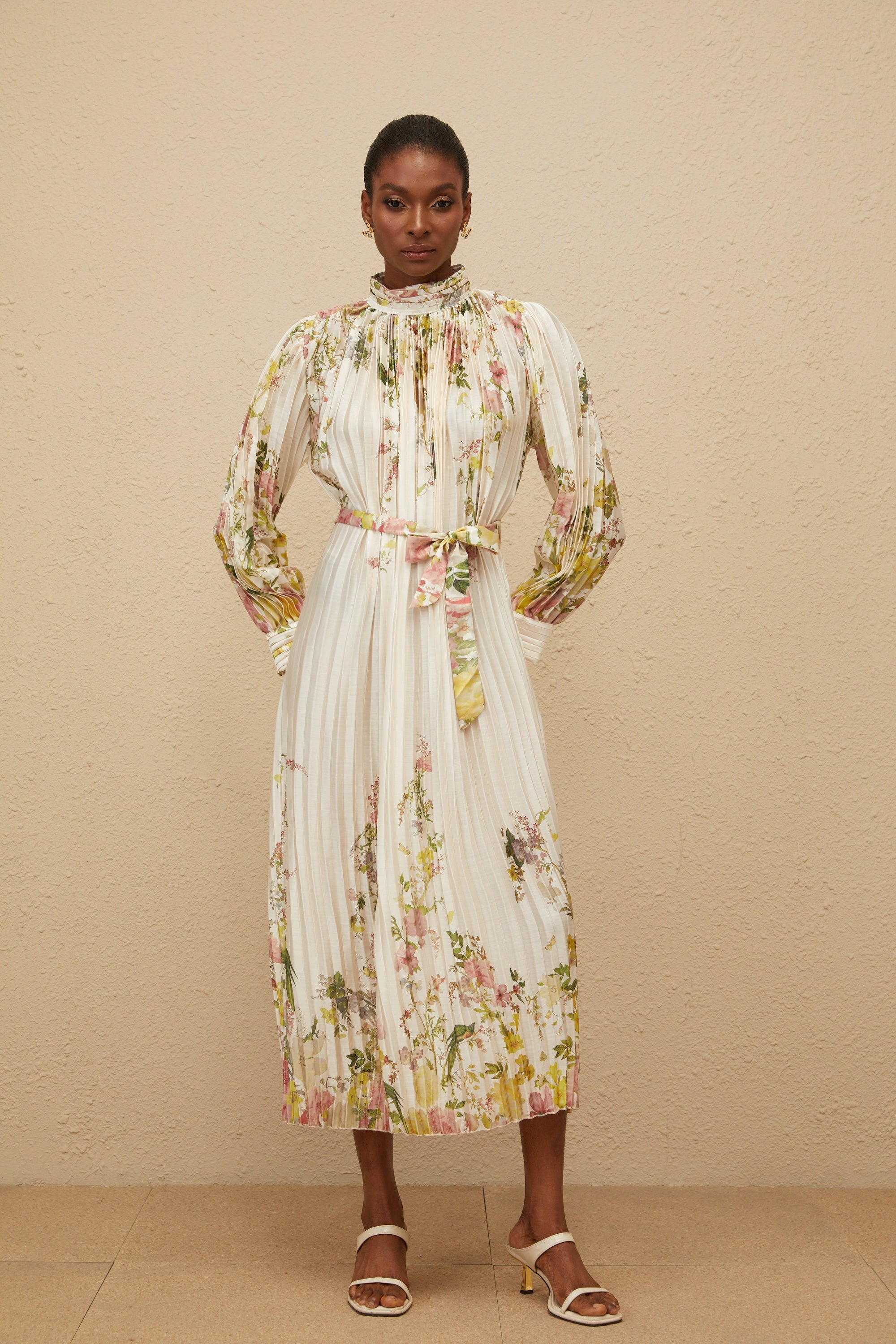 Poétique White Pleated Floral Print Midi Dress