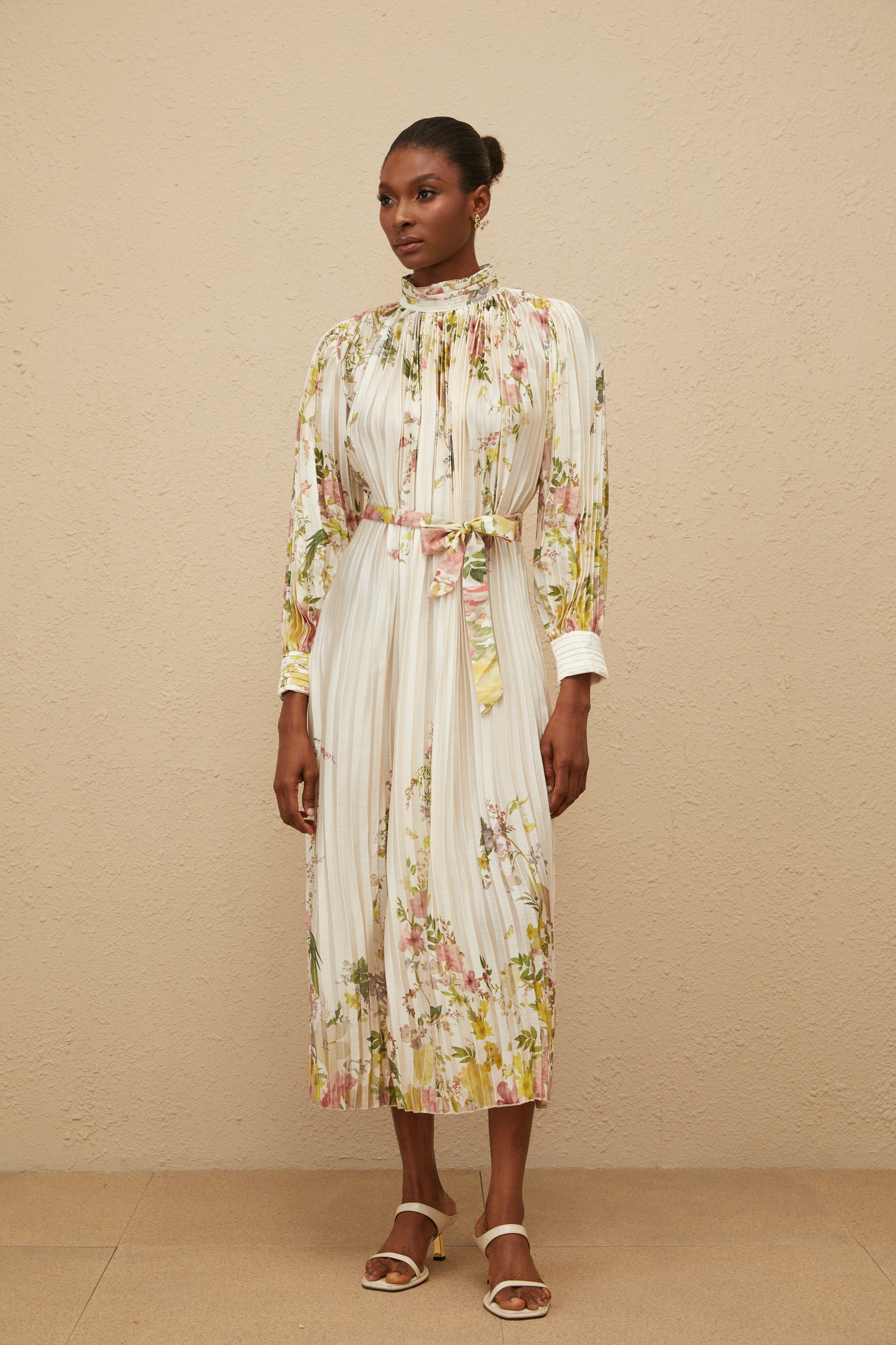 Poétique White Pleated Floral Print Midi Dress