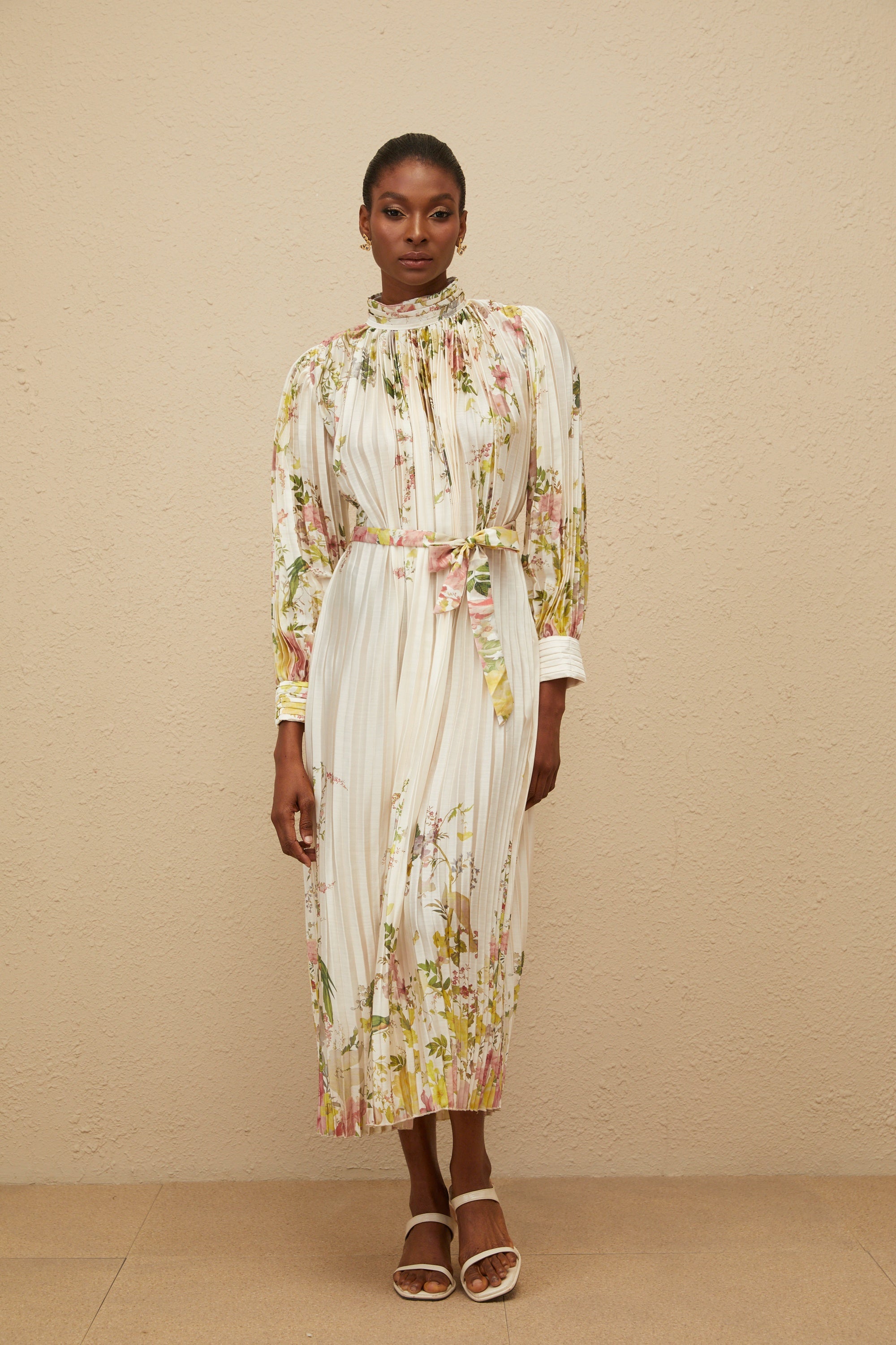 Poétique White Pleated Floral Print Midi Dress