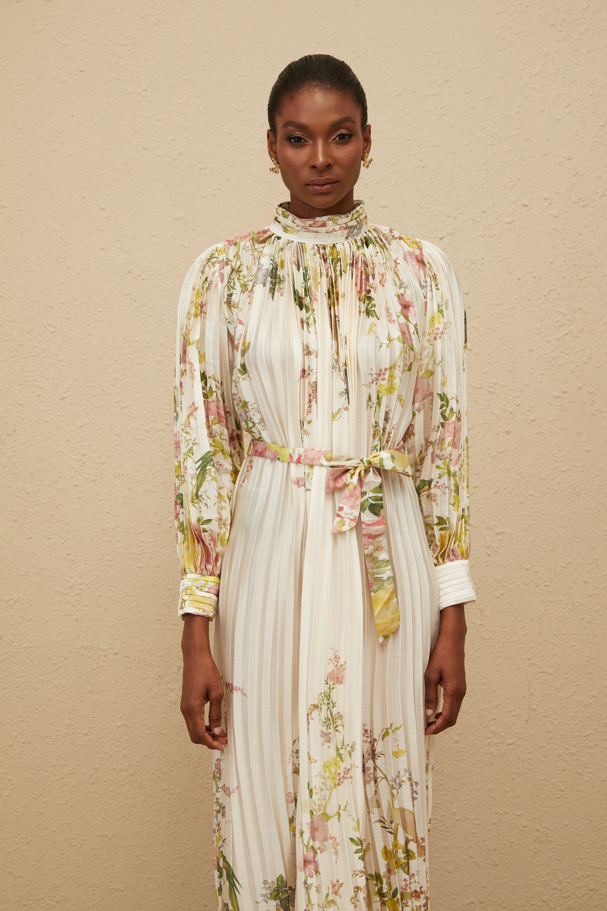 Poétique White Pleated Floral Print Midi Dress