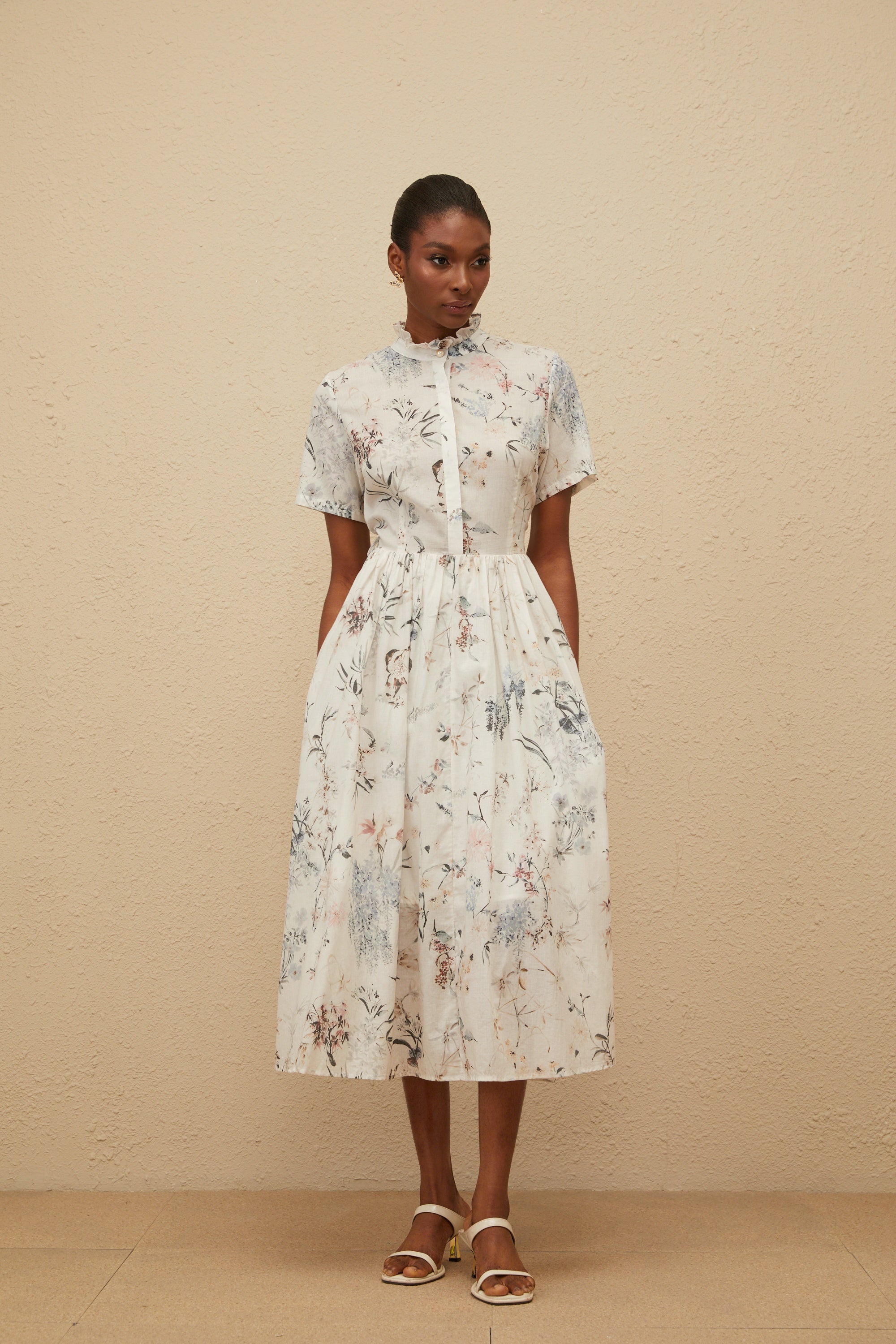 Héloïse White Floral Print Summer Midi Dress
