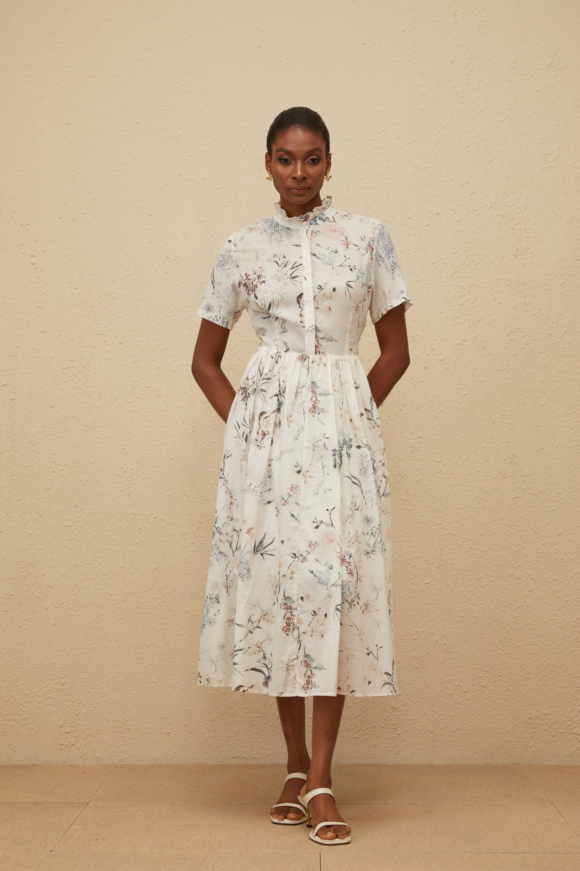Héloïse White Floral Print Summer Midi Dress