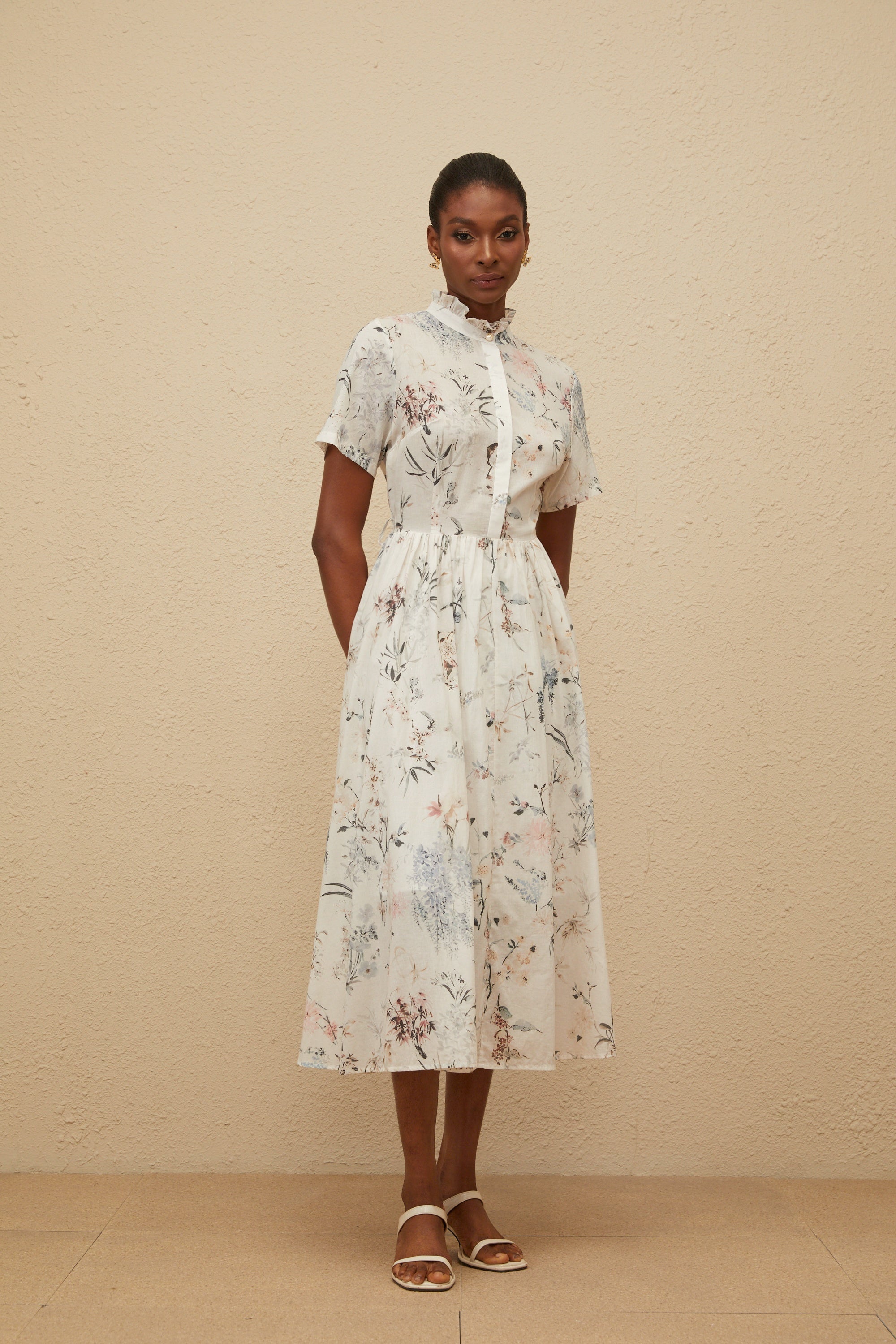Héloïse White Floral Print Summer Midi Dress