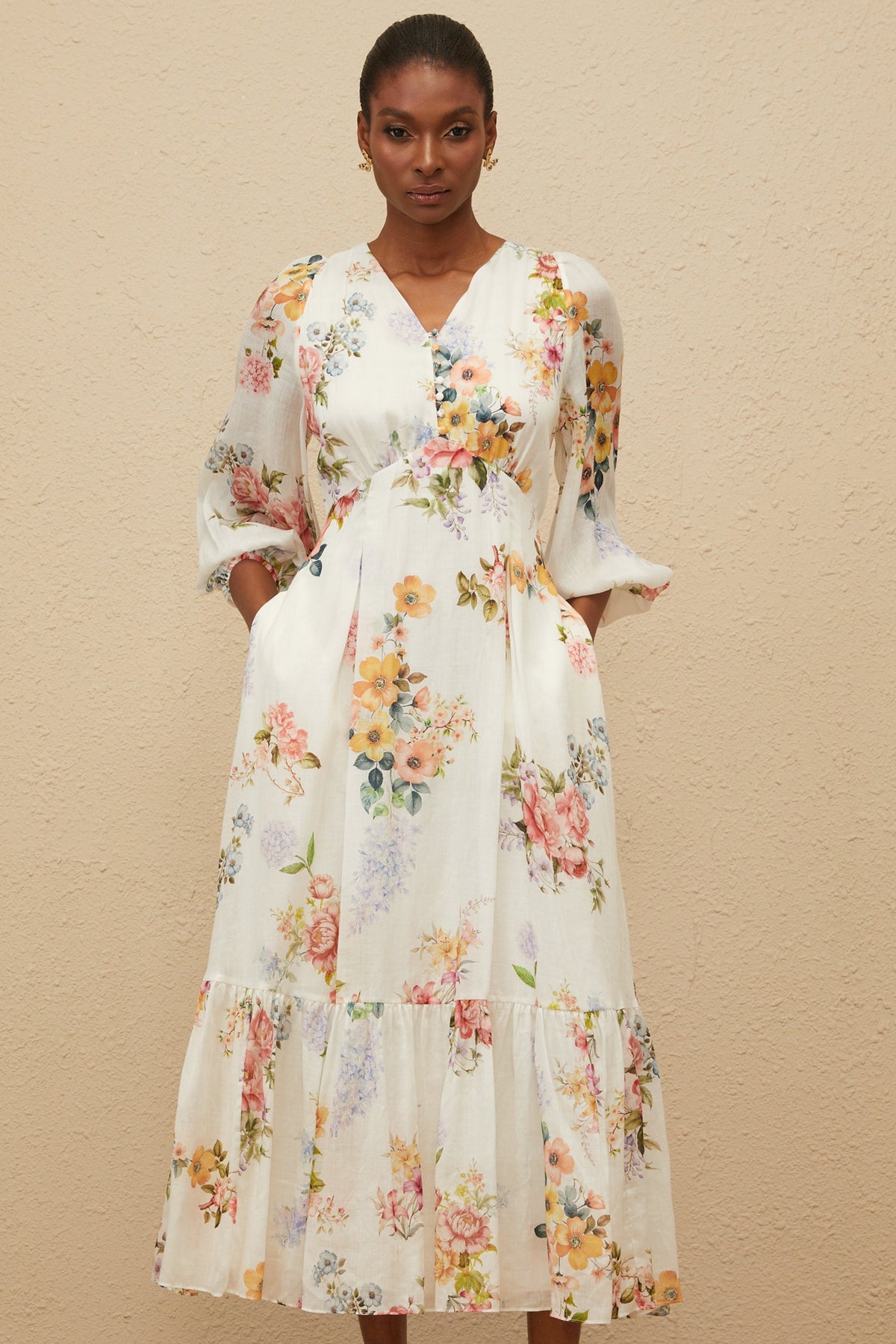 Noémie White Floral Print V-Neck Midi Dress