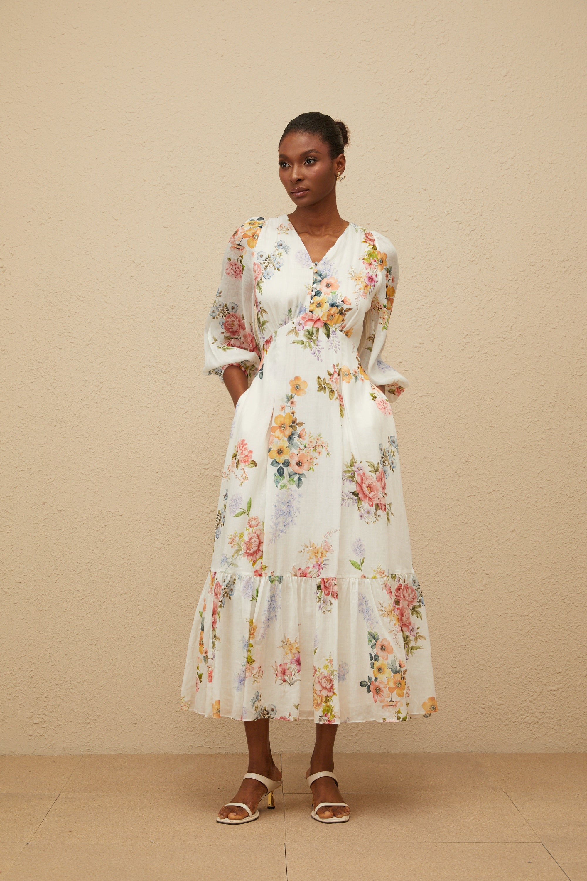 Noémie White Floral Print V-Neck Midi Dress