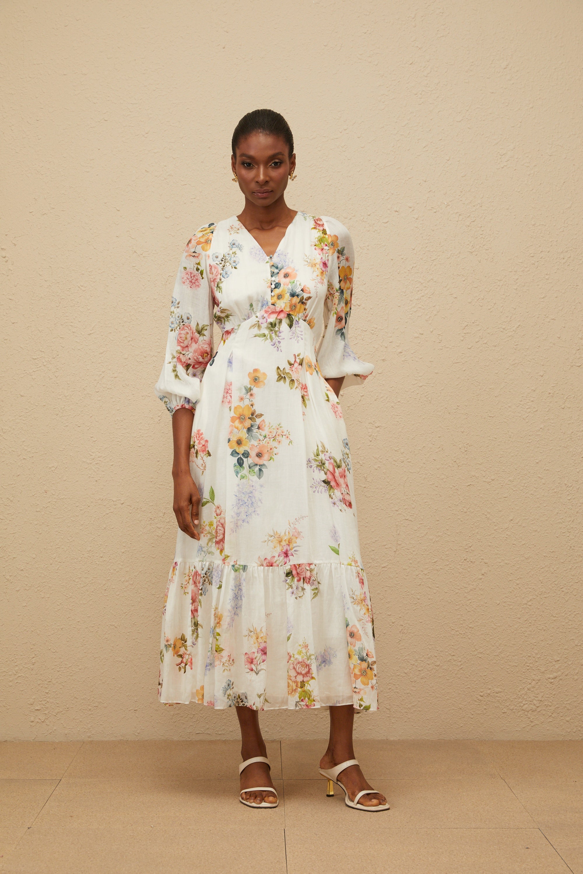 Noémie White Floral Print V-Neck Midi Dress