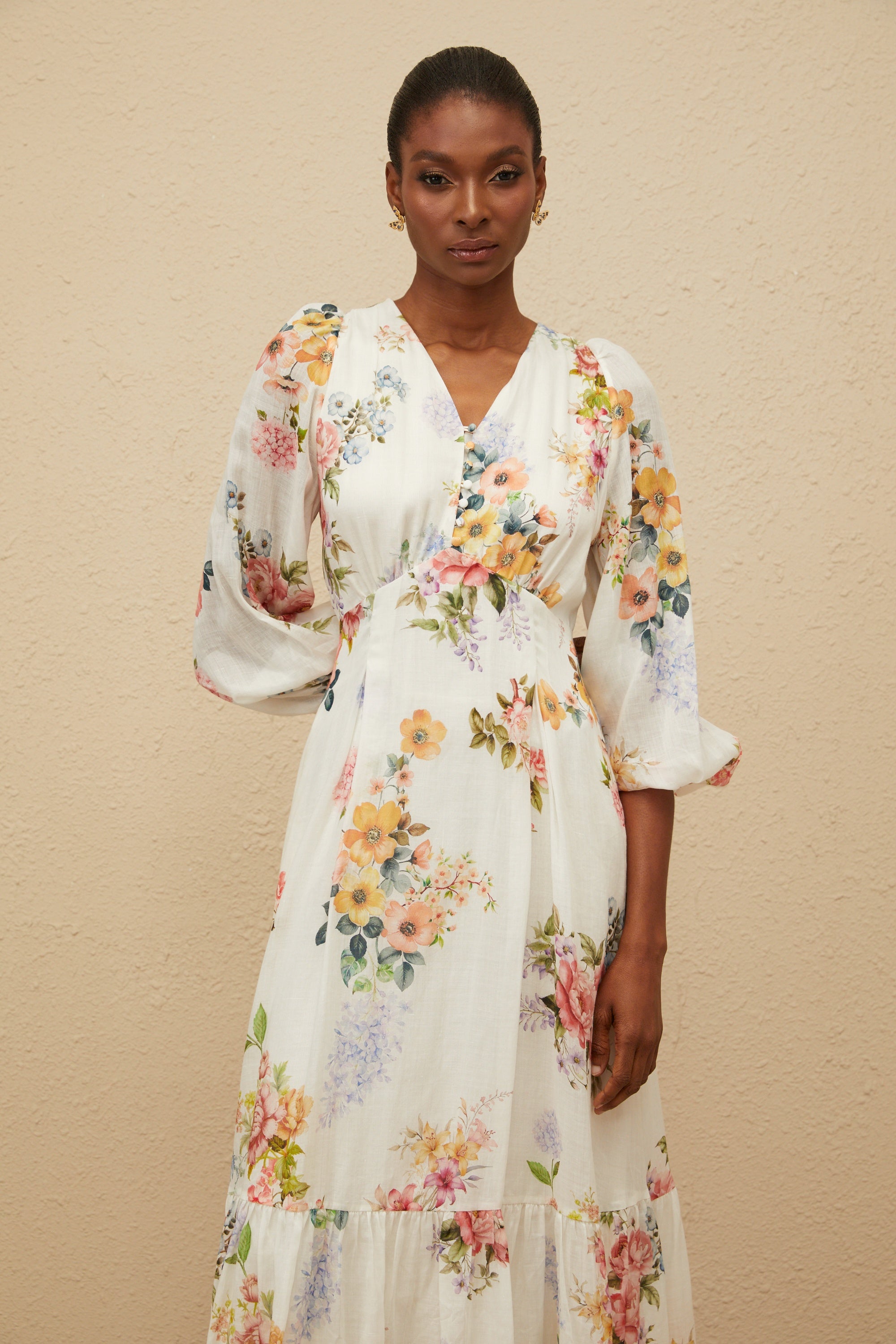 Noémie White Floral Print V-Neck Midi Dress