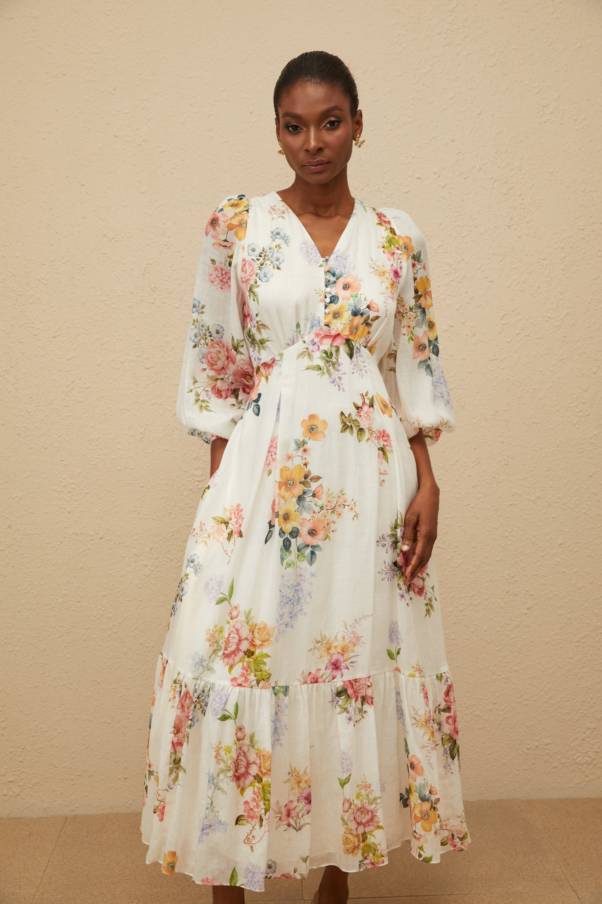 Noémie White Floral Print V-Neck Midi Dress