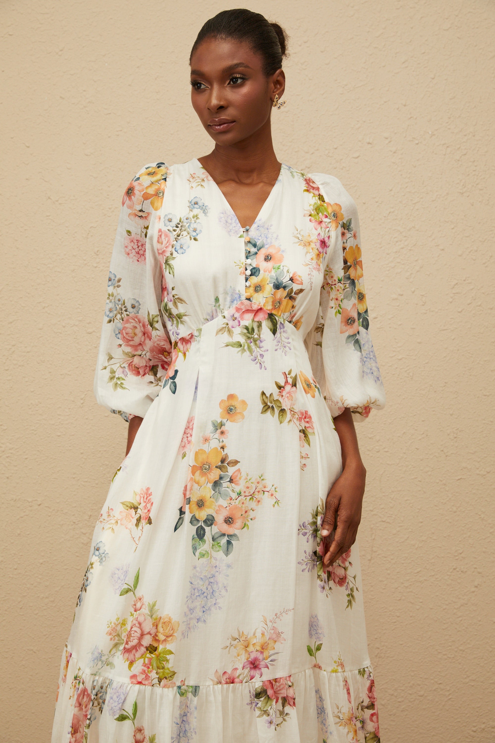 Noémie White Floral Print V-Neck Midi Dress