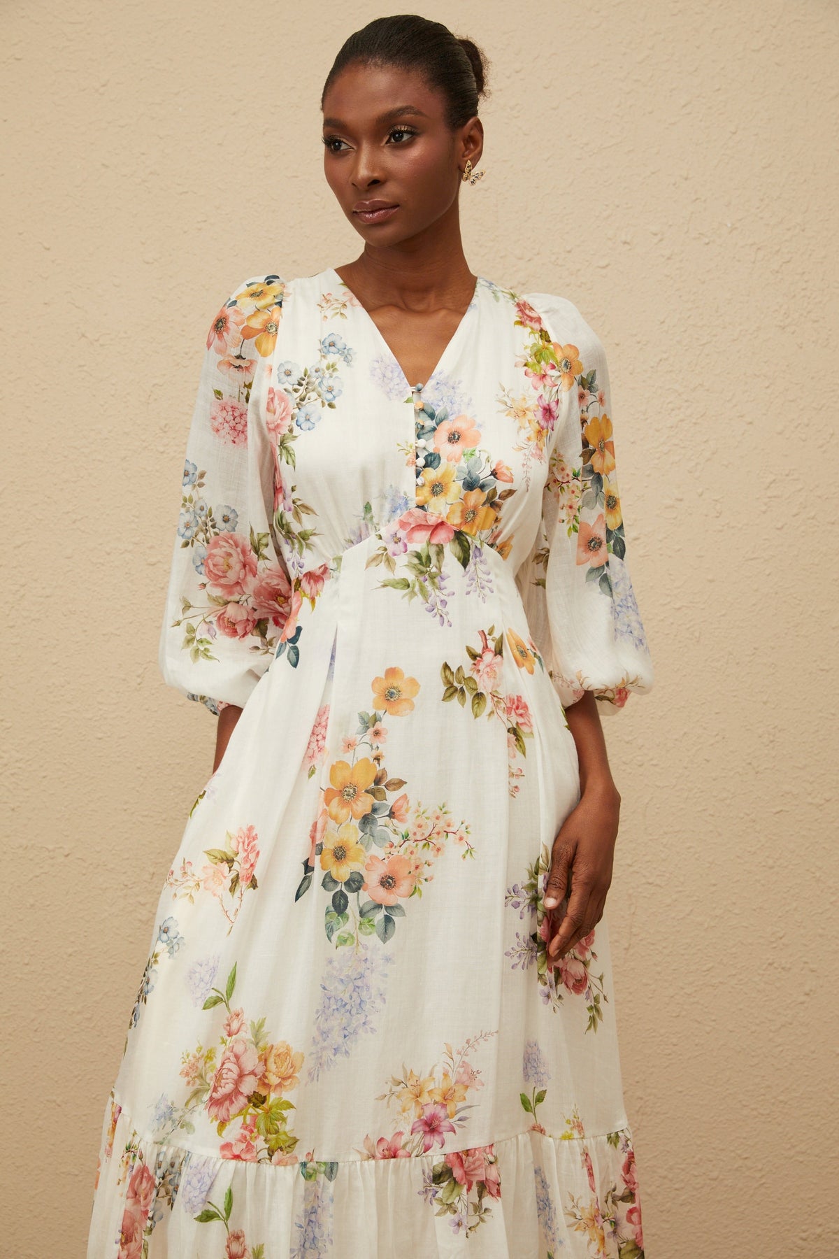 Noémie White Floral Print V-Neck Midi Dress