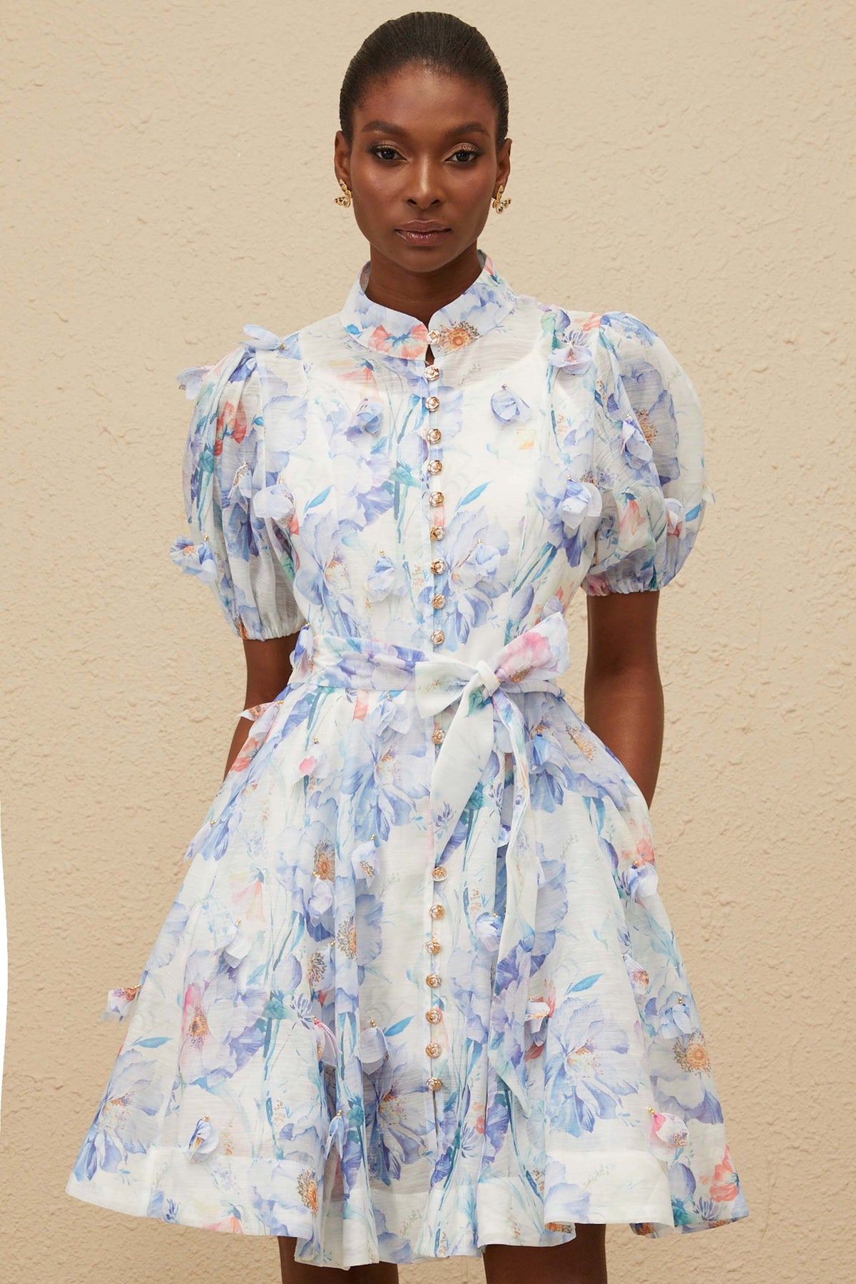 Pétunia Blue Shirred Floral Mini Dress