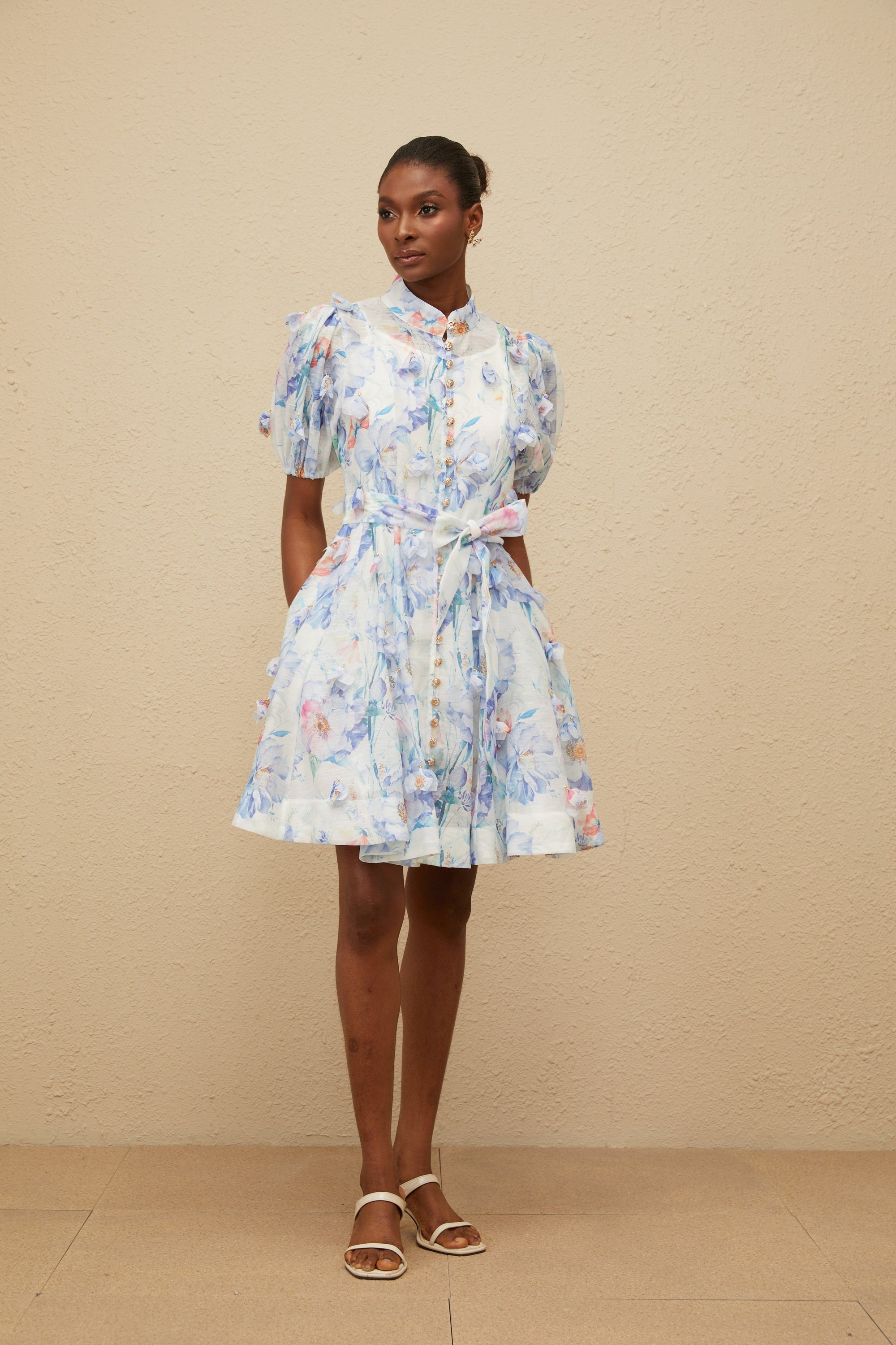Pétunia Blue Shirred Floral Mini Dress