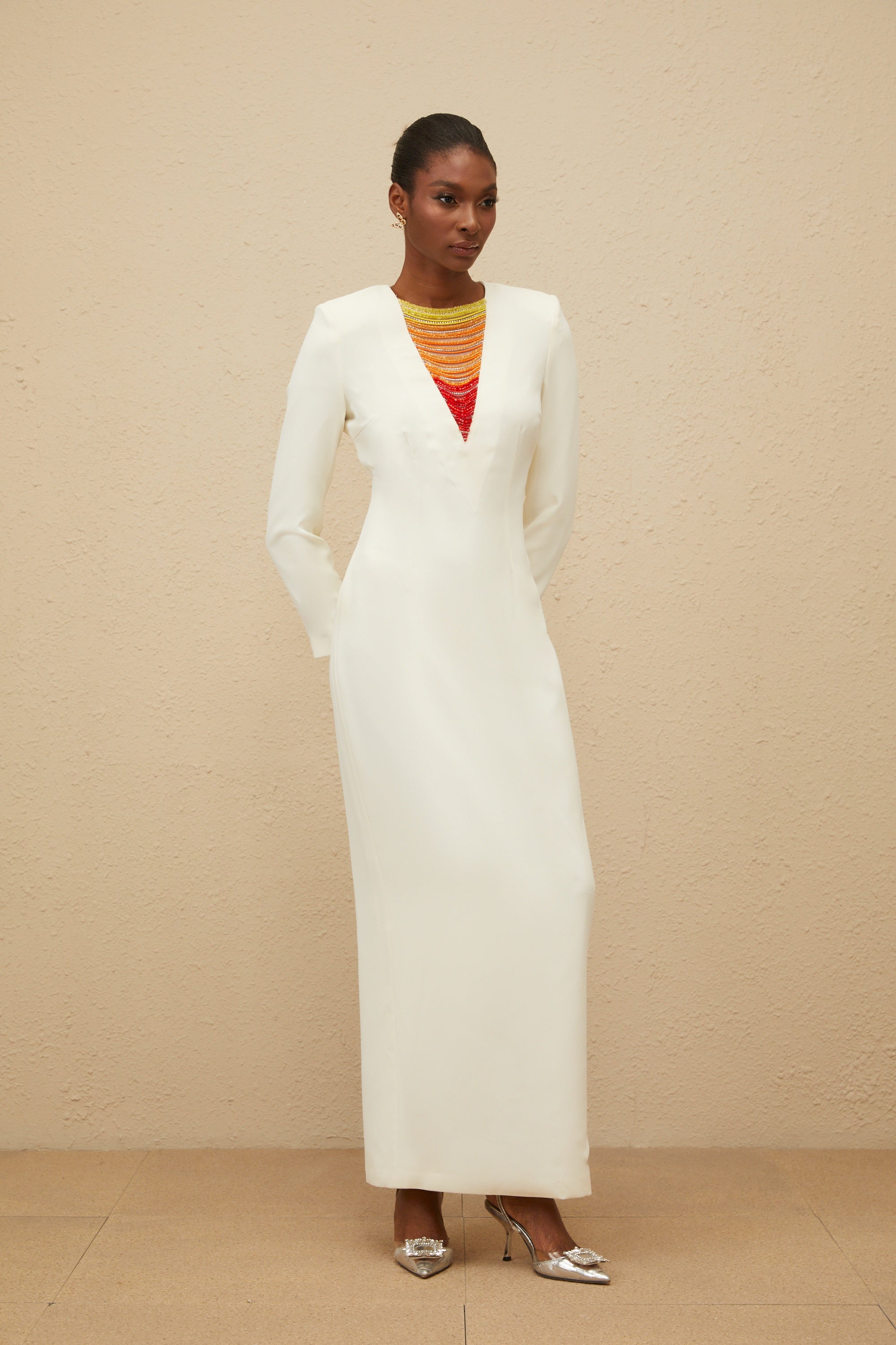 Rosée White Rhinestone Bead Embellished Maxi Dress