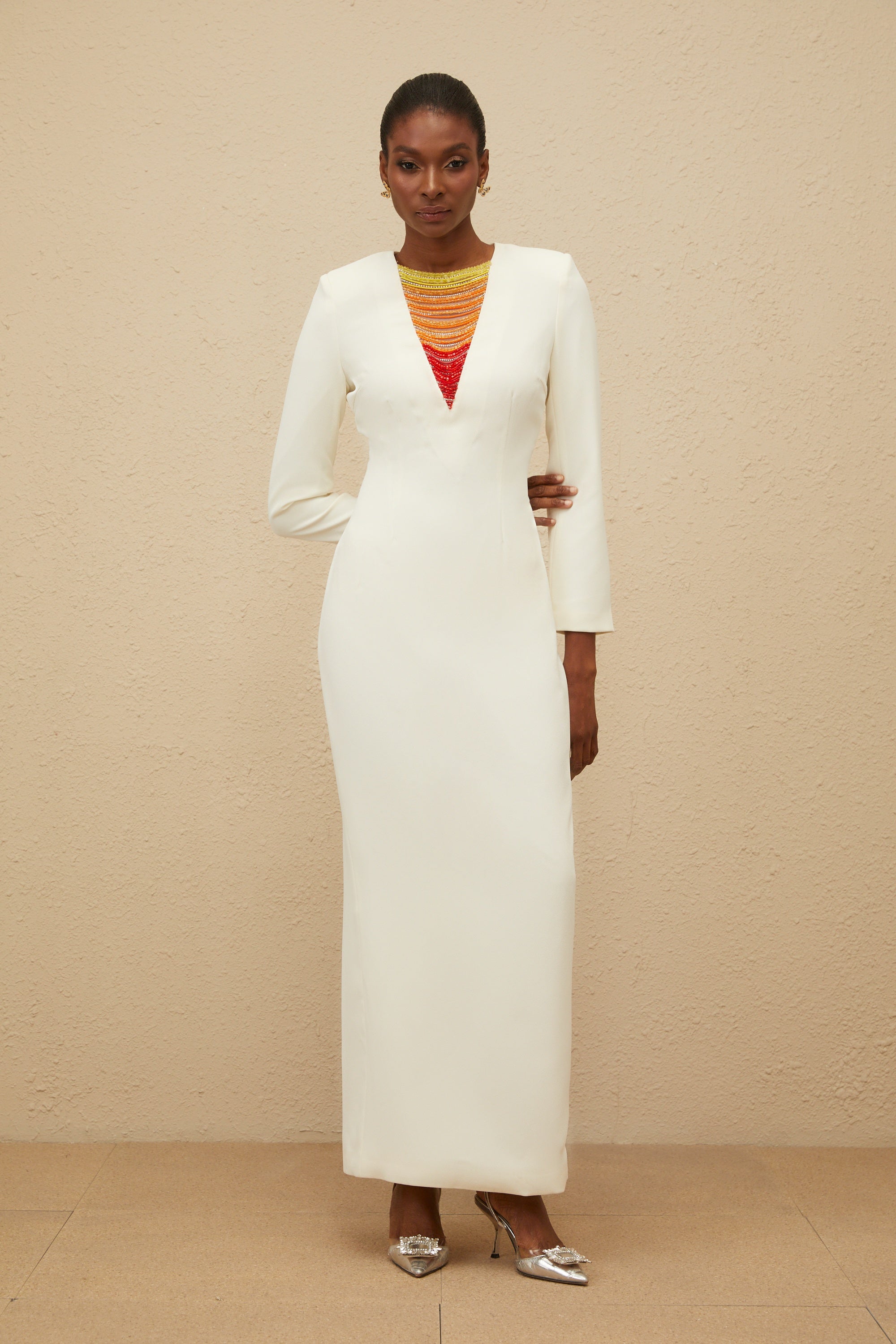 Rosée White Rhinestone Bead Embellished Maxi Dress