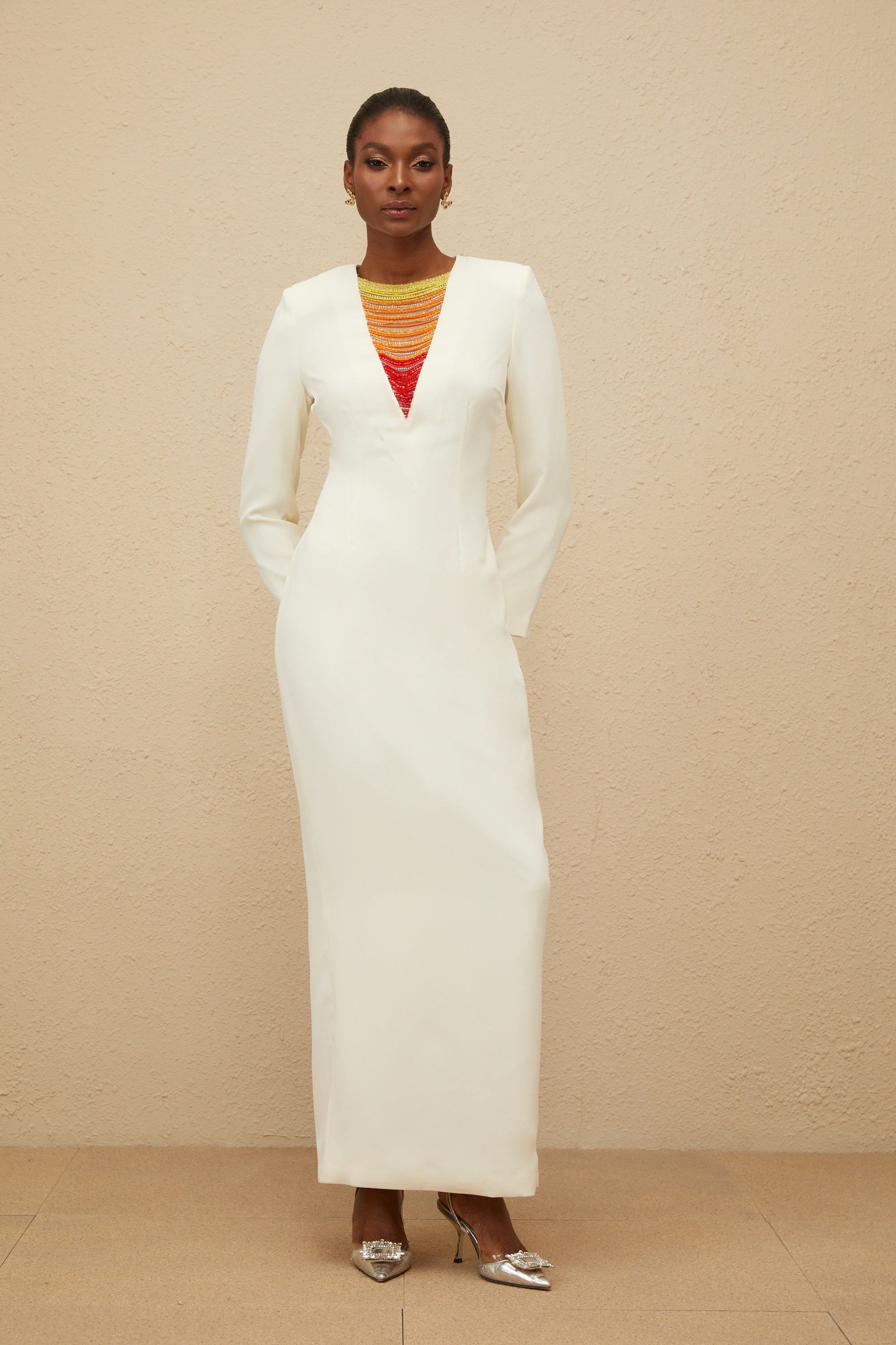 Rosée White Rhinestone Bead Embellished Maxi Dress