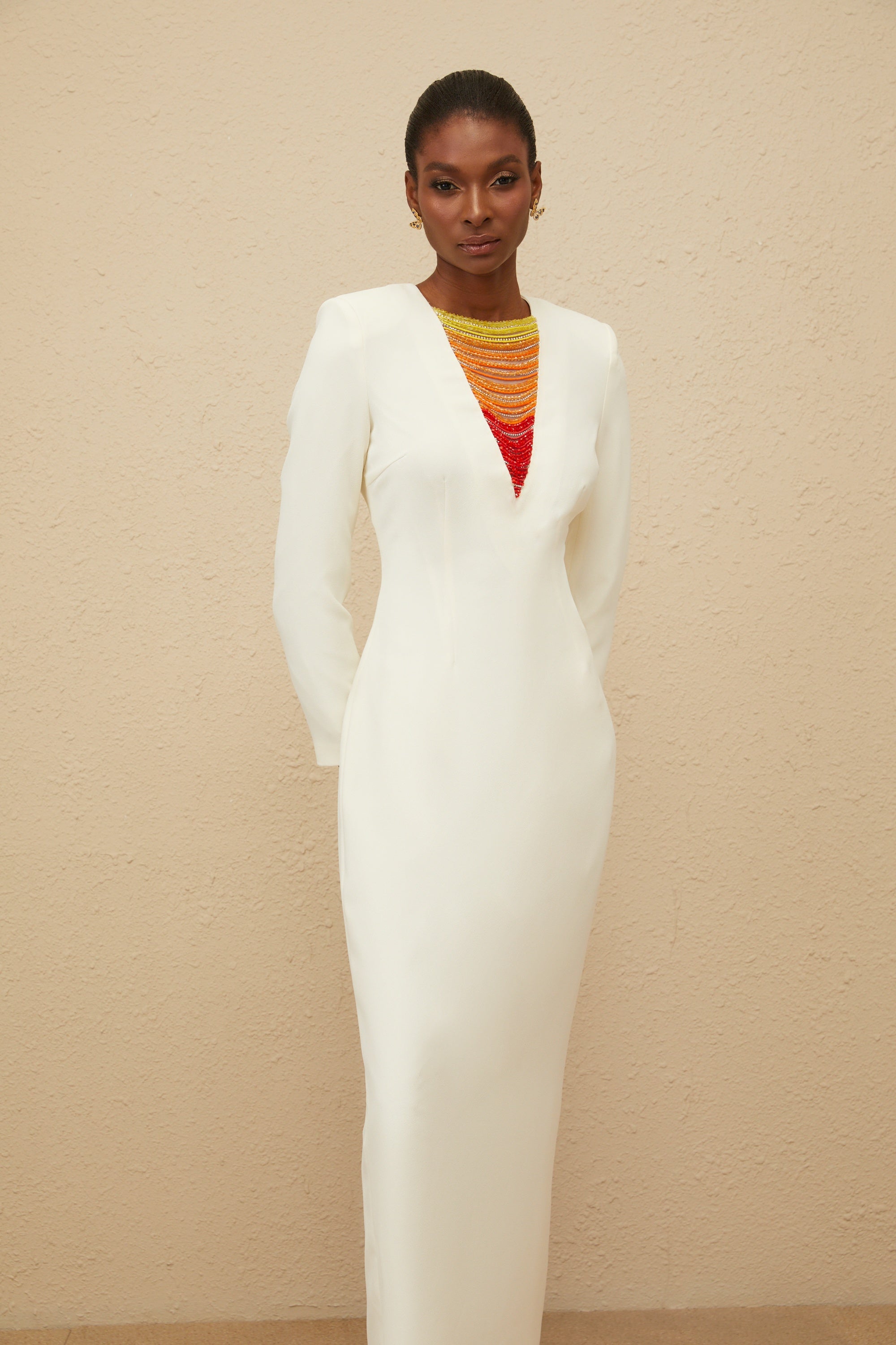 Rosée White Rhinestone Bead Embellished Maxi Dress