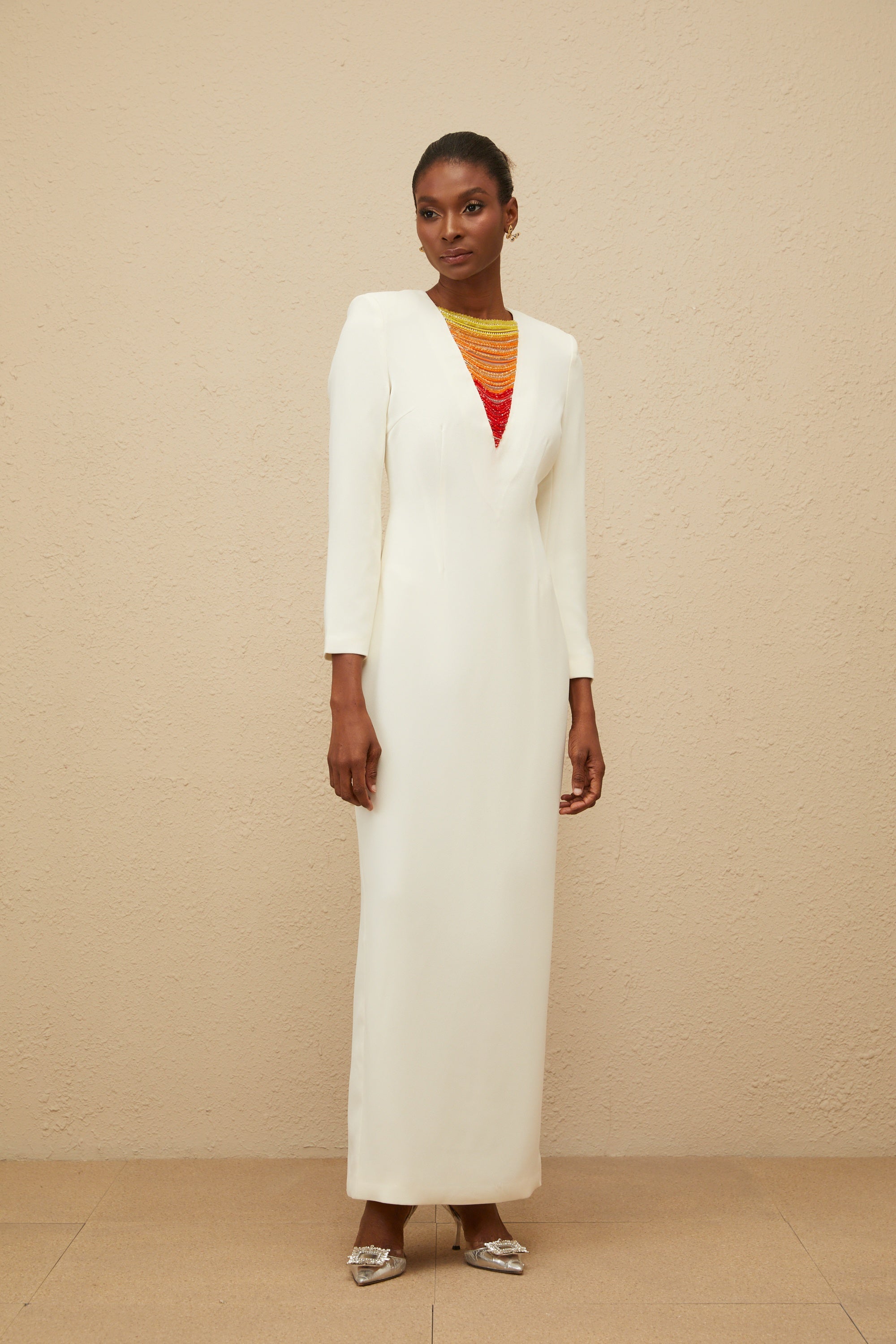 Rosée White Rhinestone Bead Embellished Maxi Dress
