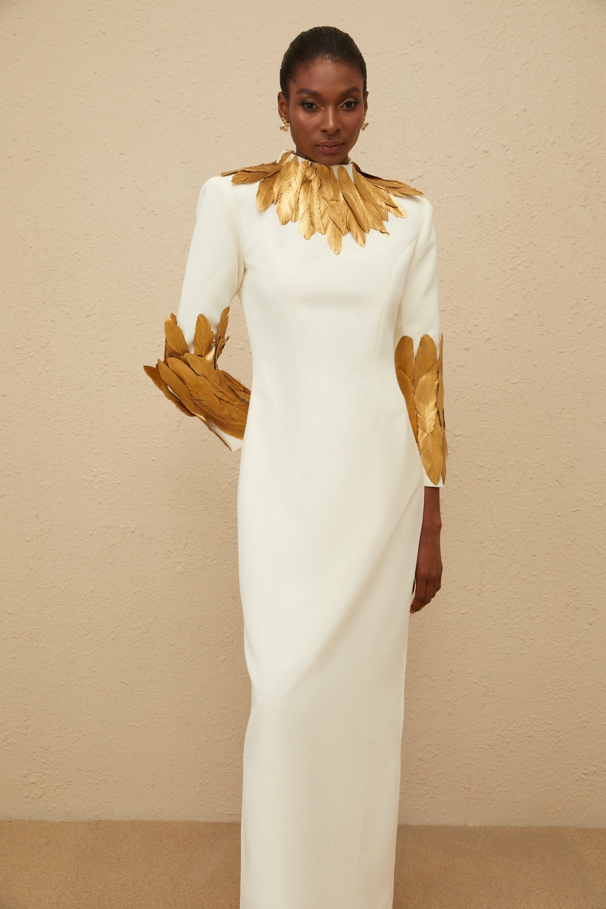 Nocturne White Feather-Trim Maxi Dress