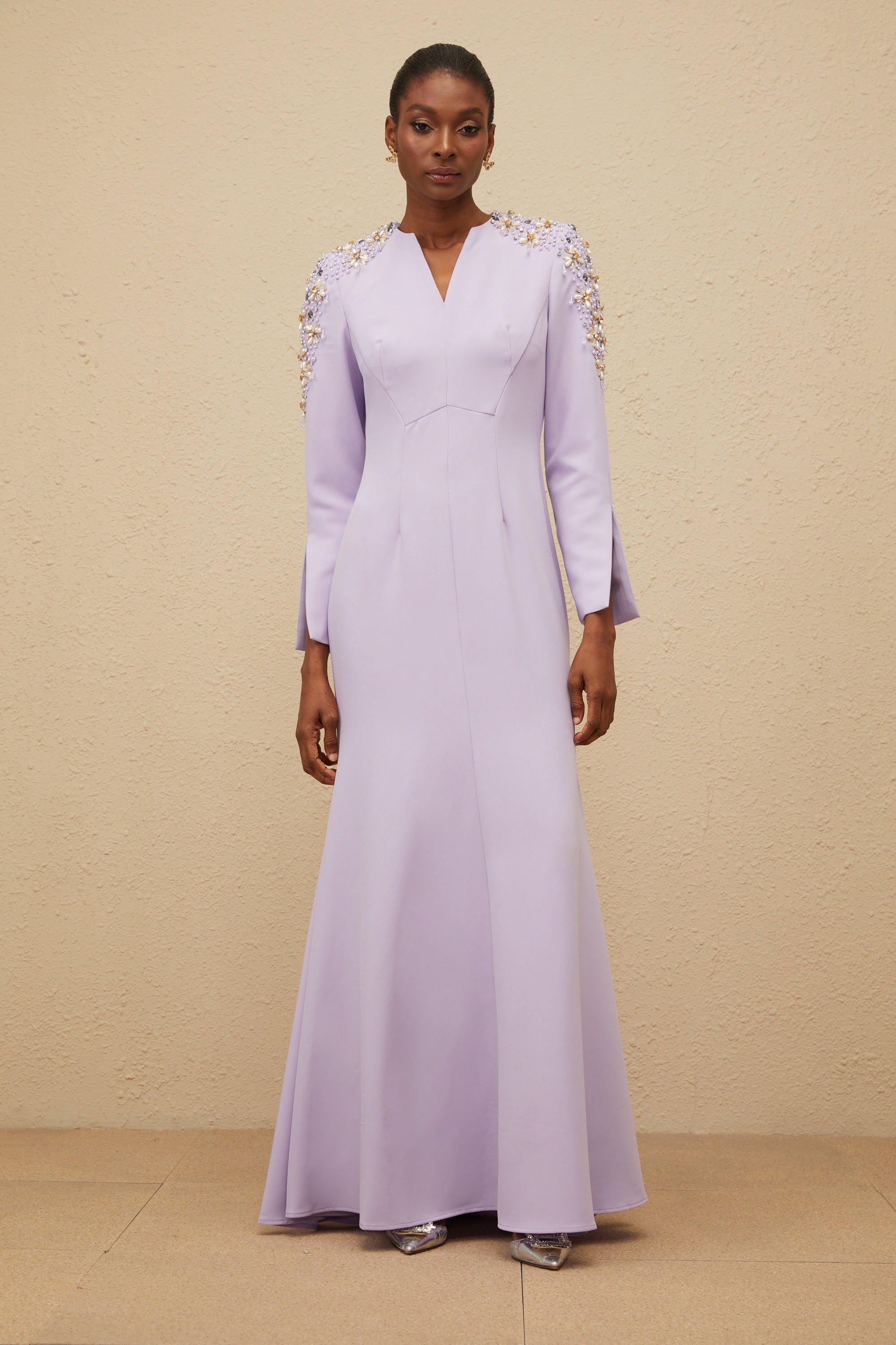 Rêverie Purple Flared Embellished Maxi Gown
