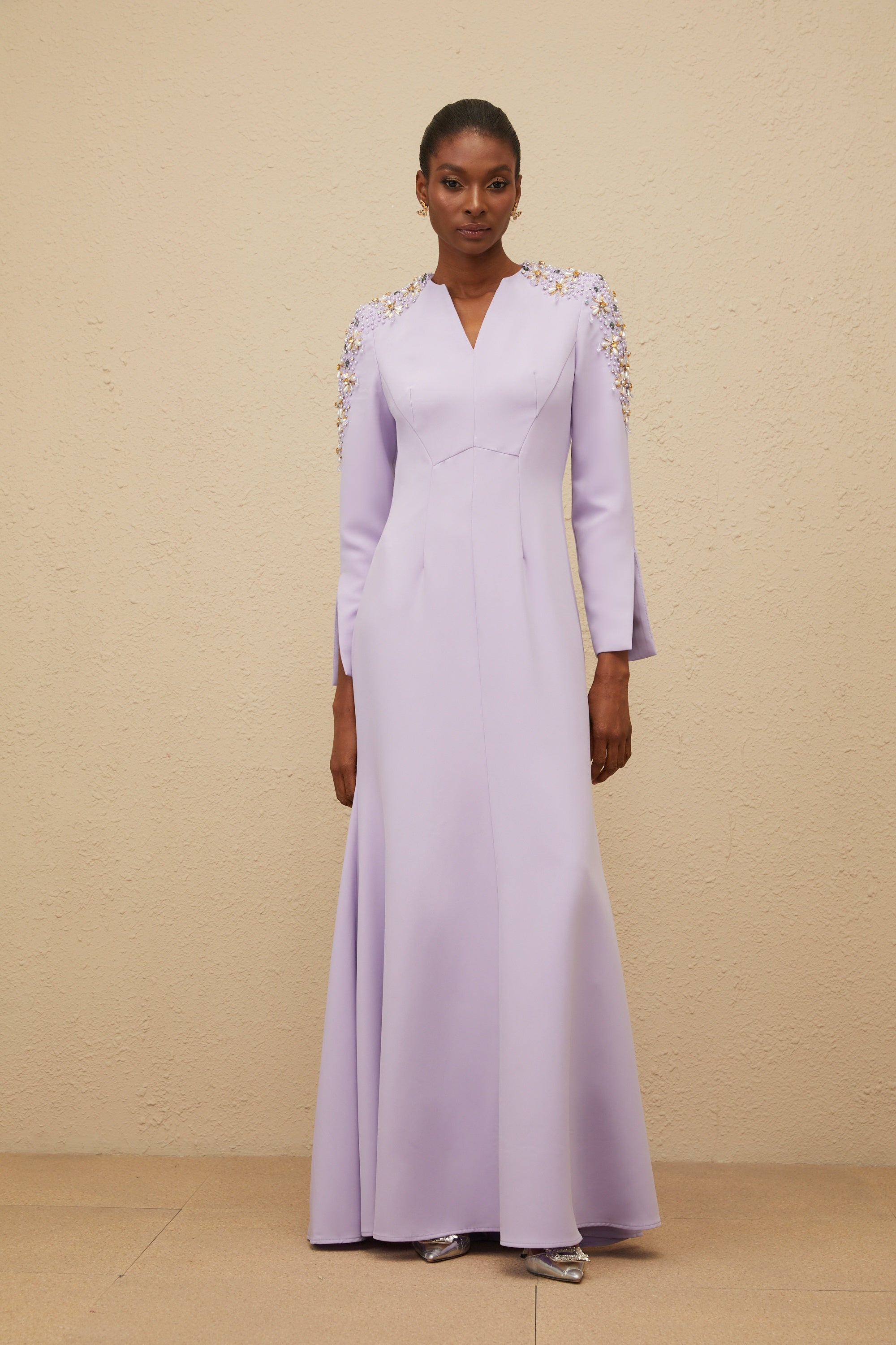 Rêverie Purple Flared Embellished Maxi Gown