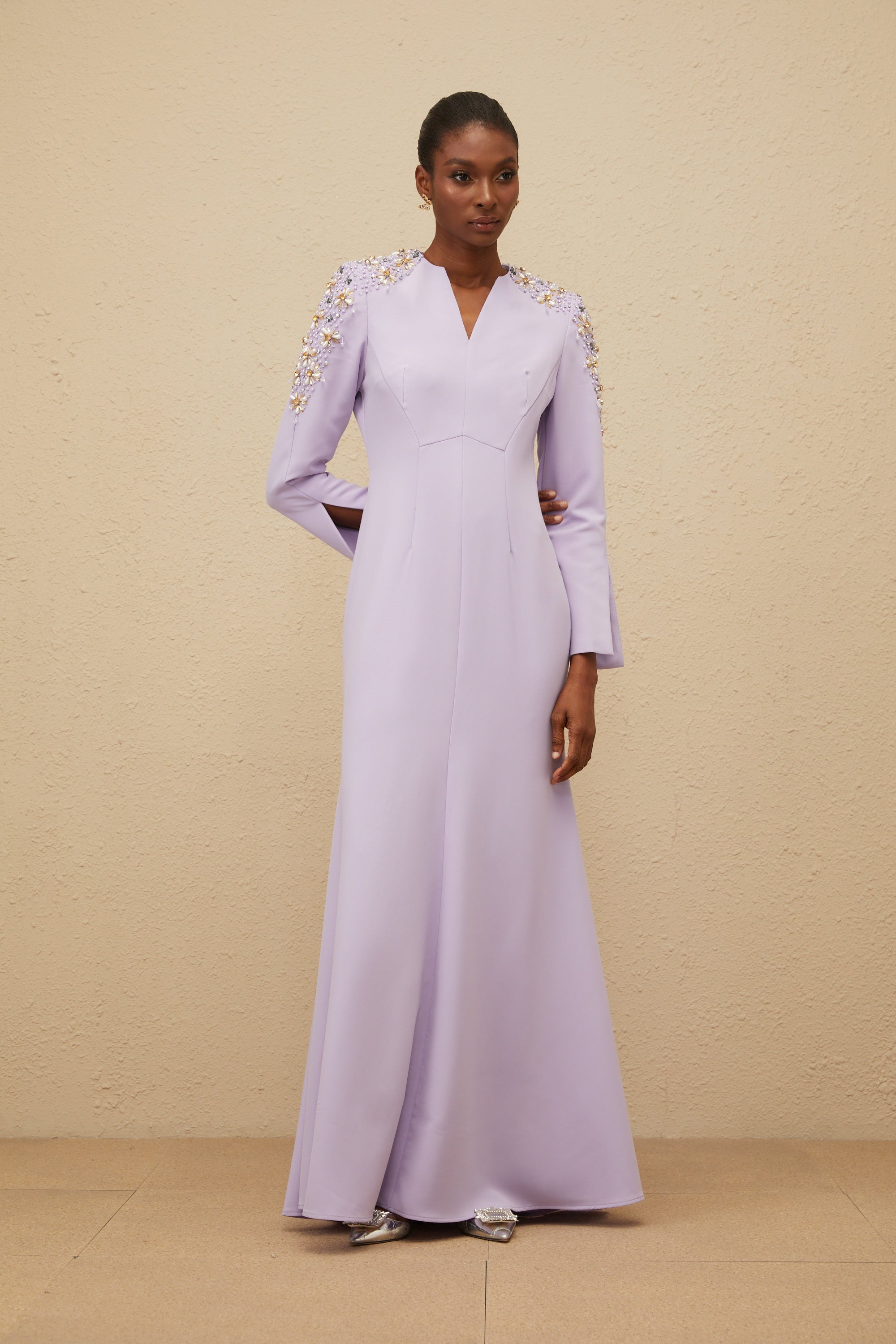 Rêverie Purple Flared Embellished Maxi Gown