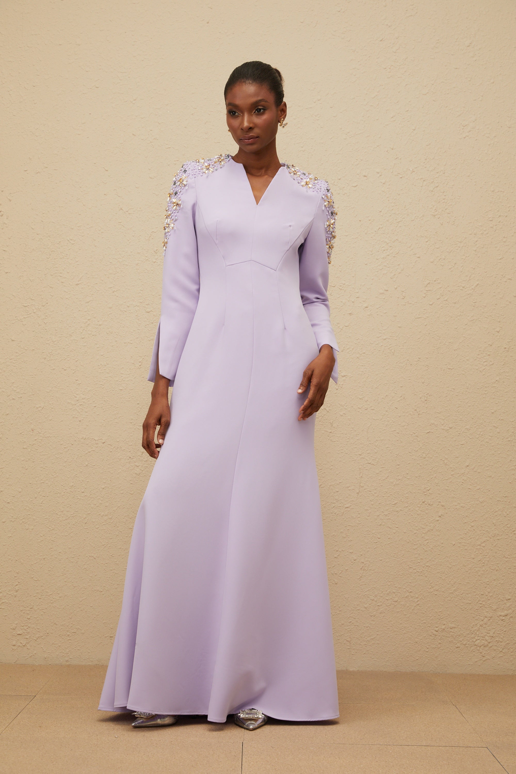 Rêverie Purple Flared Embellished Maxi Gown