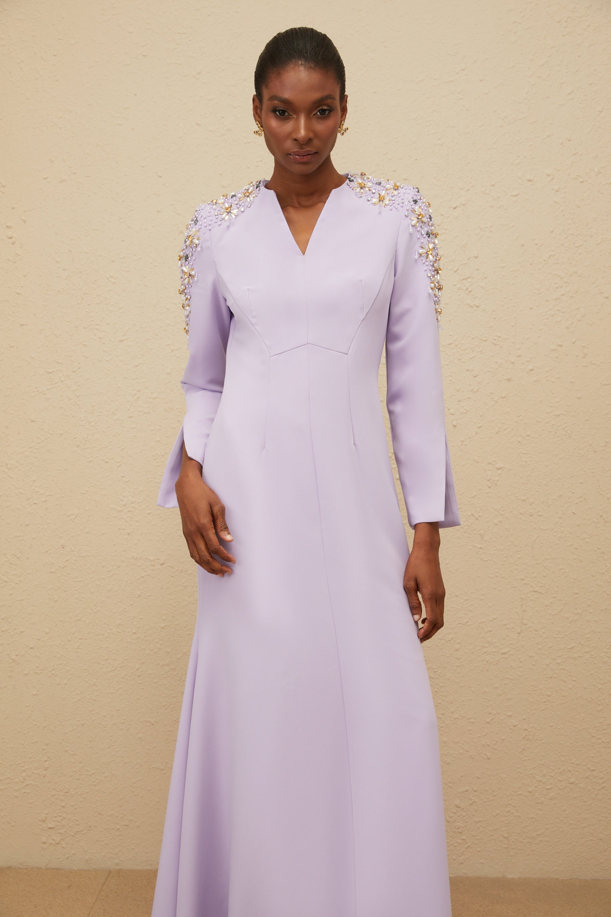 Rêverie Purple Flared Embellished Maxi Gown