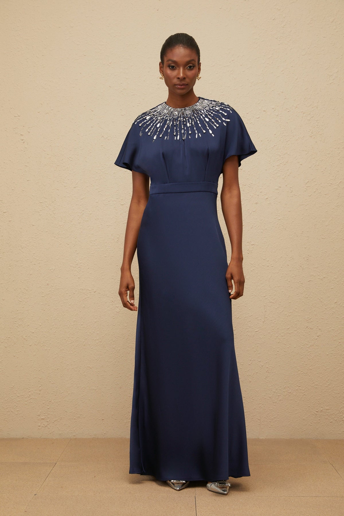 Ombrage Blue Embellished Satin Maxi Dress