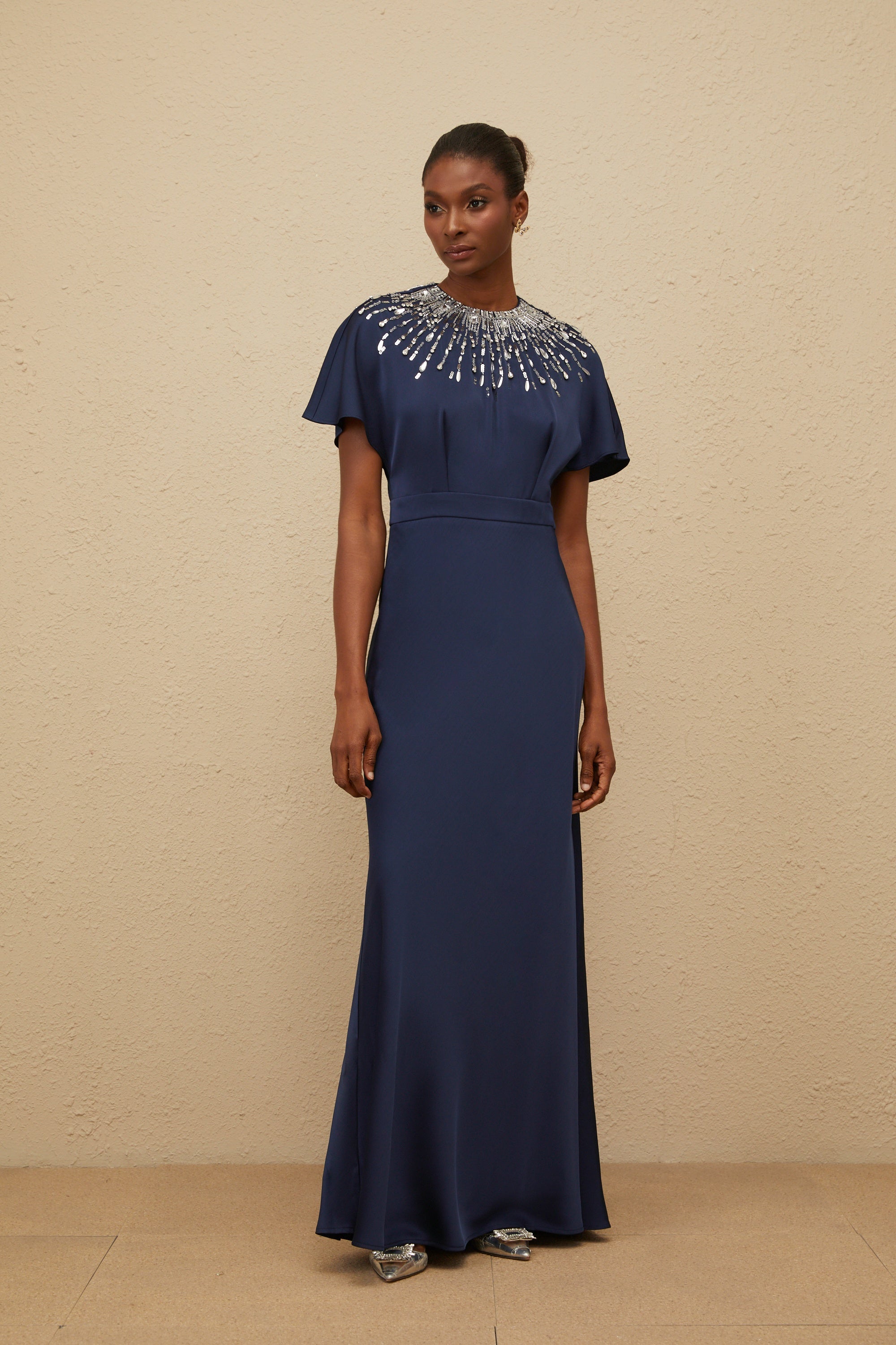 Ombrage Blue Embellished Satin Maxi Dress (Final Sale-US Only)