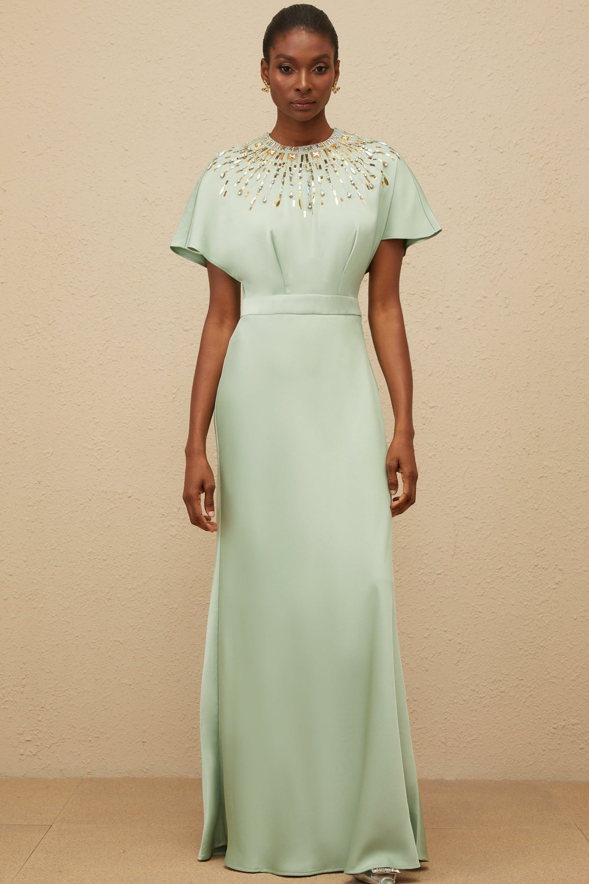 Ombrage Green Embellished Satin Maxi Dress