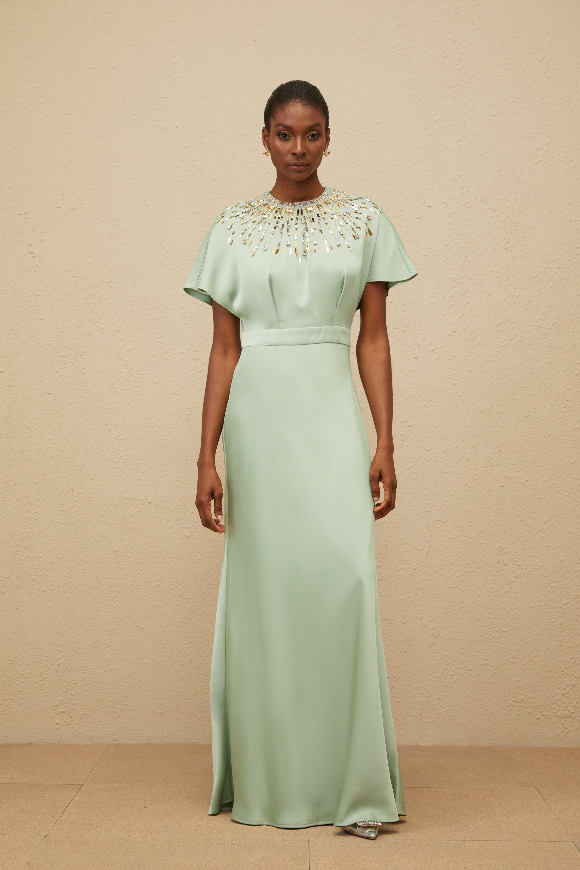 Ombrage Green Embellished Satin Maxi Dress
