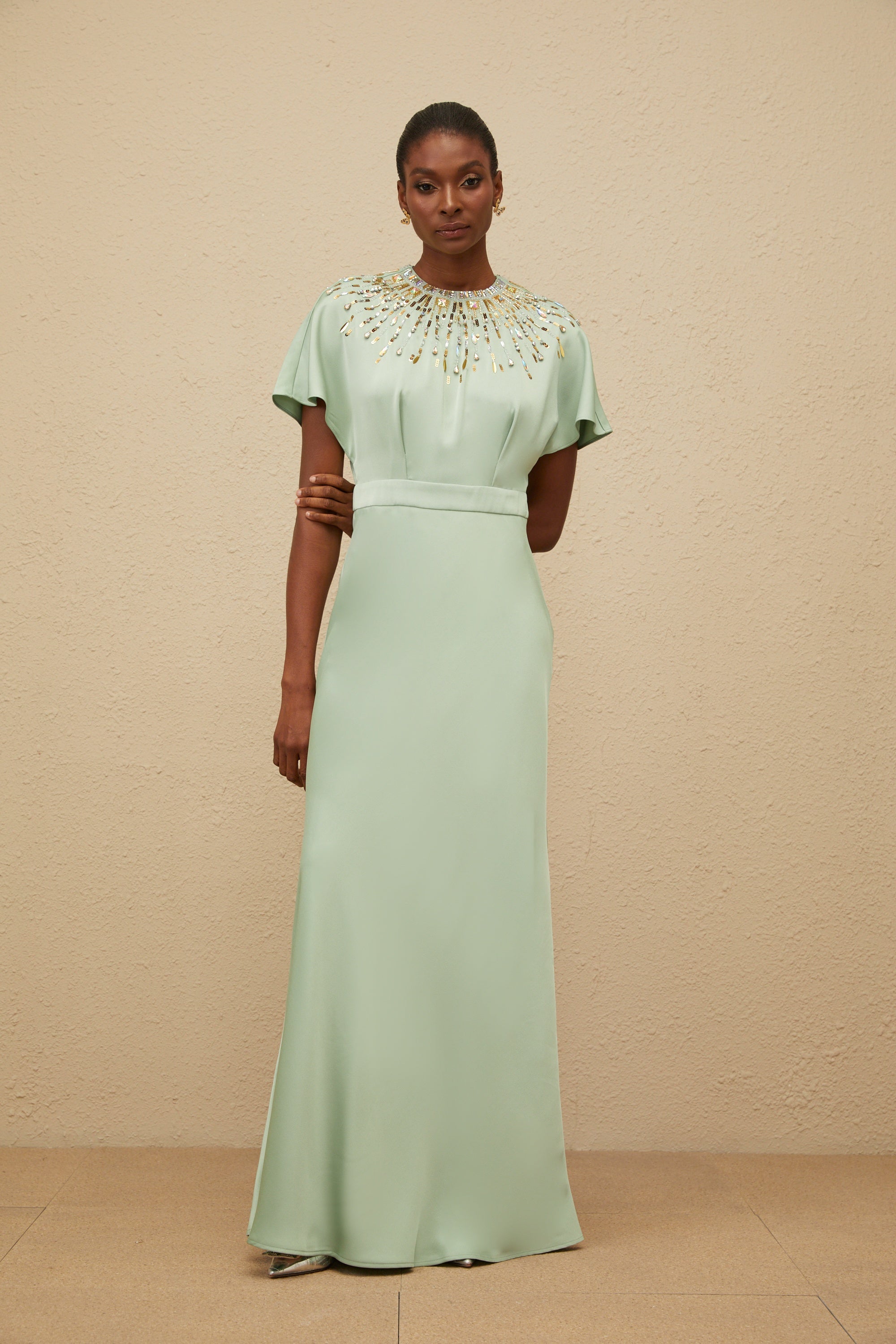 Ombrage Green Embellished Satin Maxi Dress