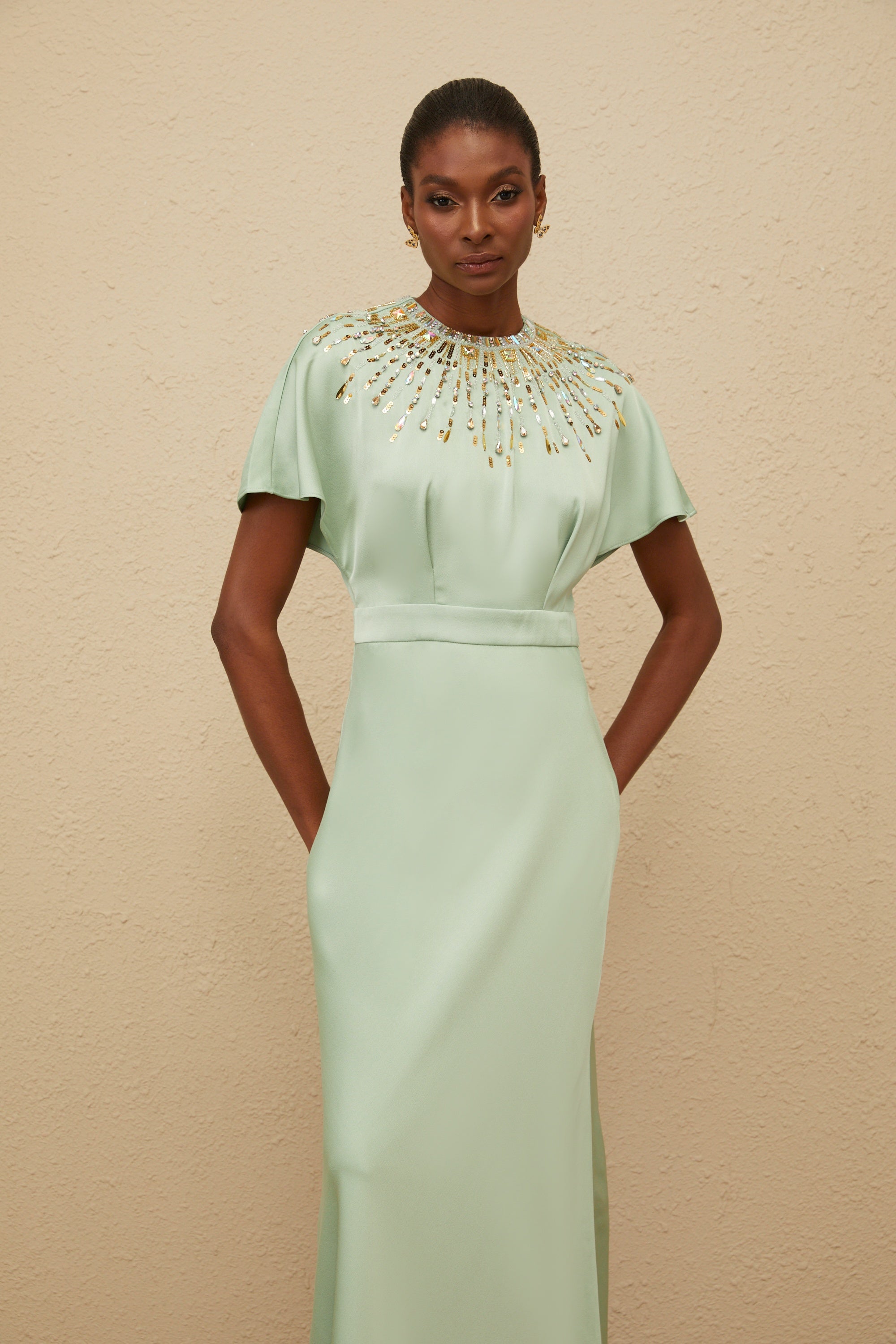 Ombrage Green Embellished Satin Maxi Dress