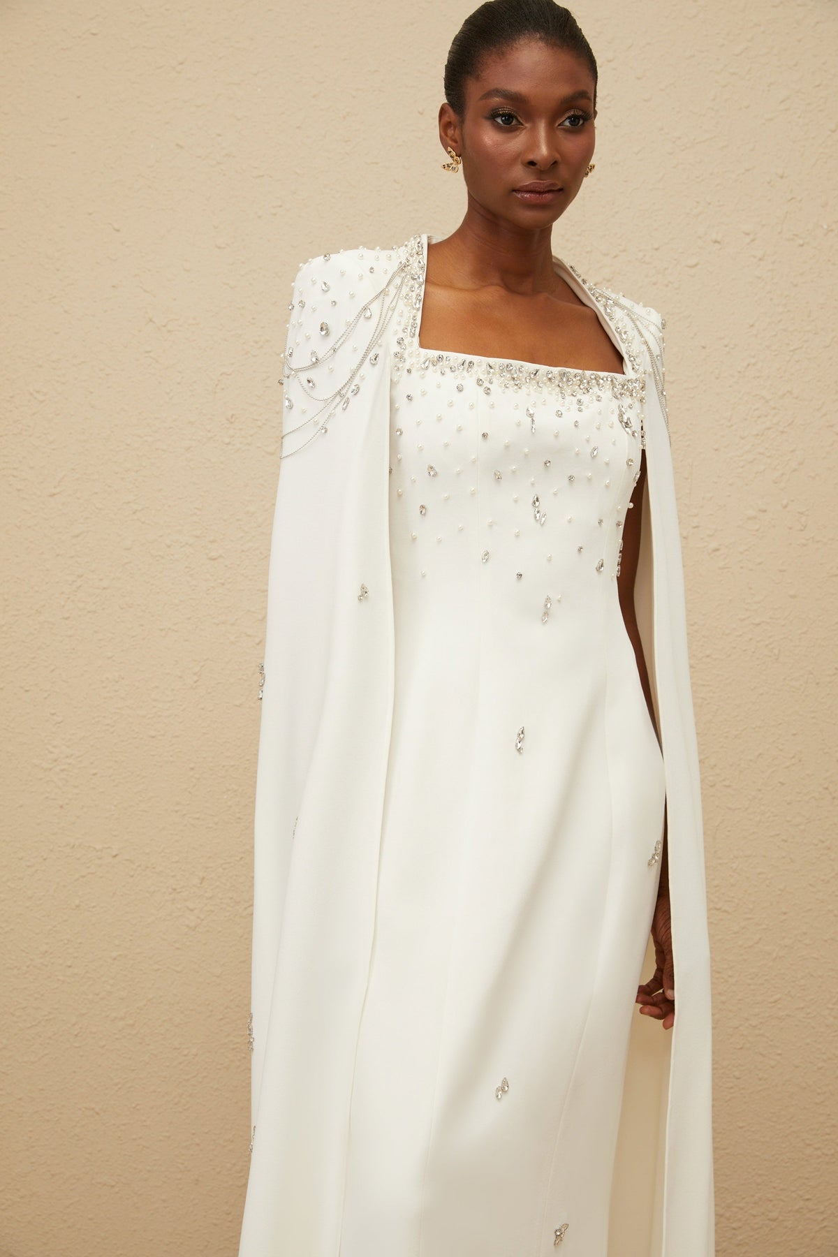 Épuré White Embellished Cape Gown (Final Sale-US Only)