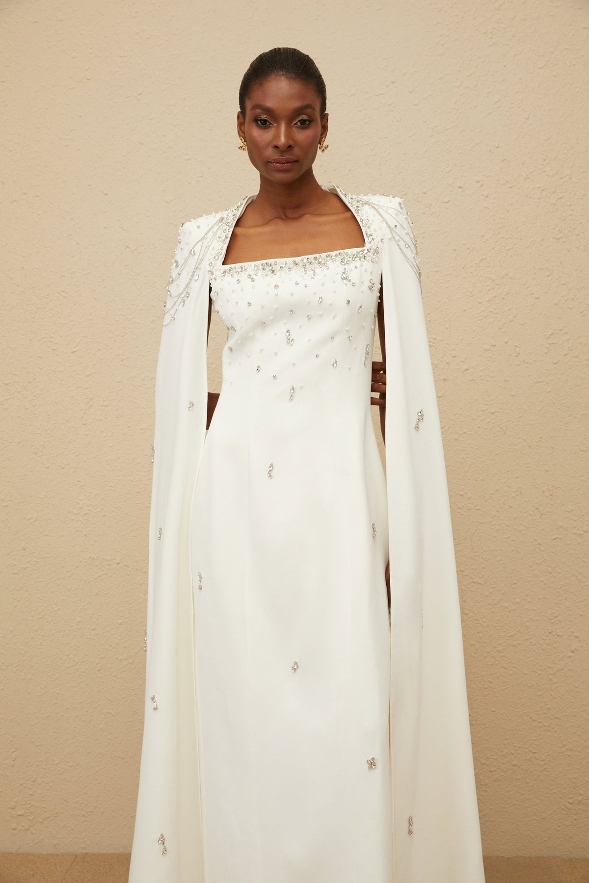 Épuré White Embellished Cape Gown (Final Sale-US Only)