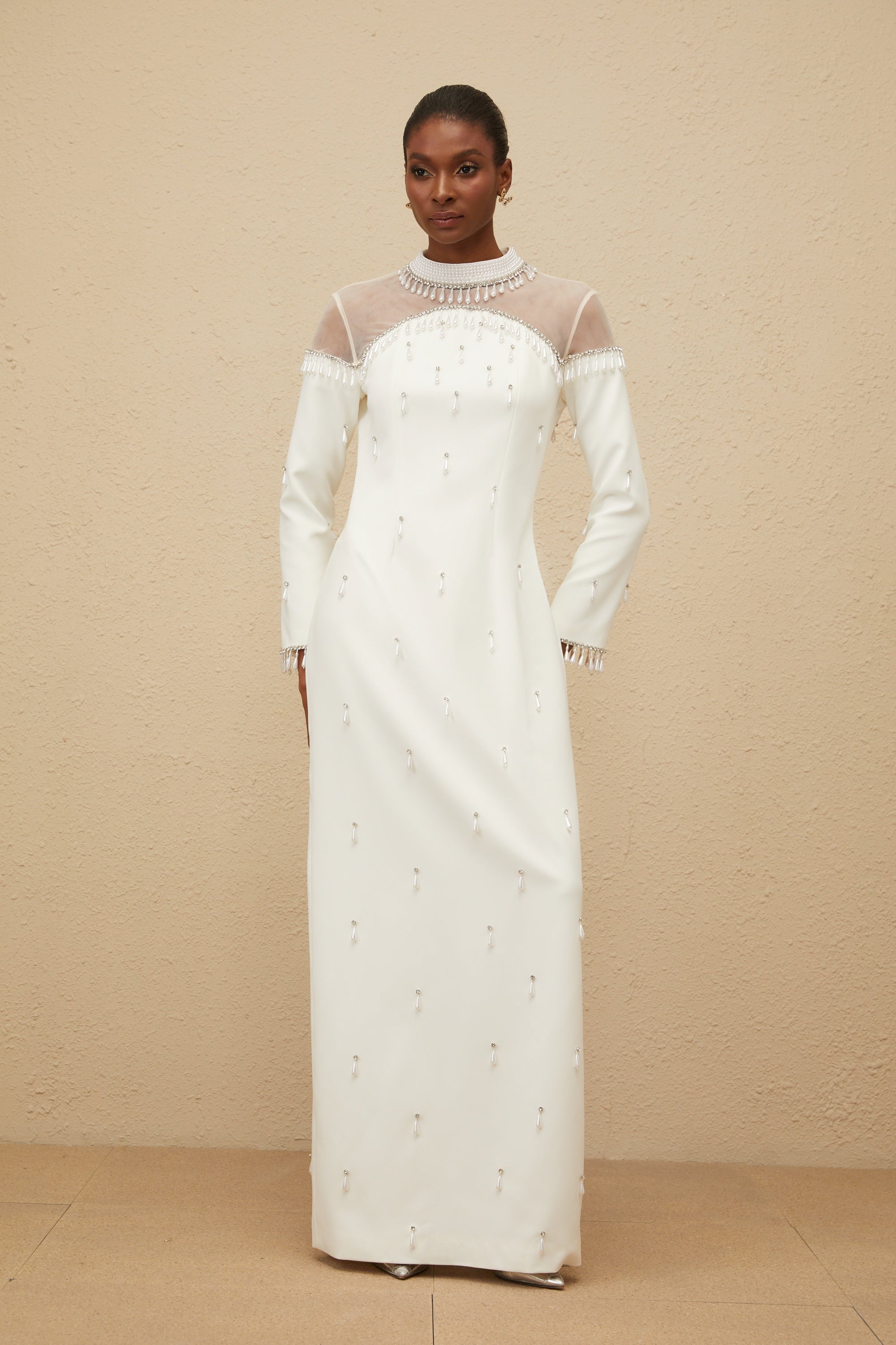 Céline White Embellished Evening Maxi Gown