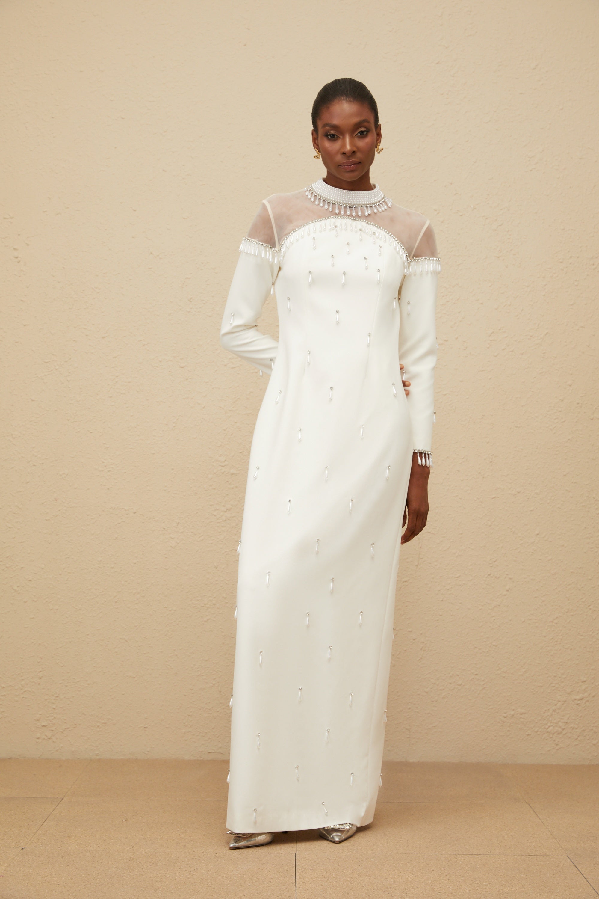 Céline White Embellished Evening Maxi Gown