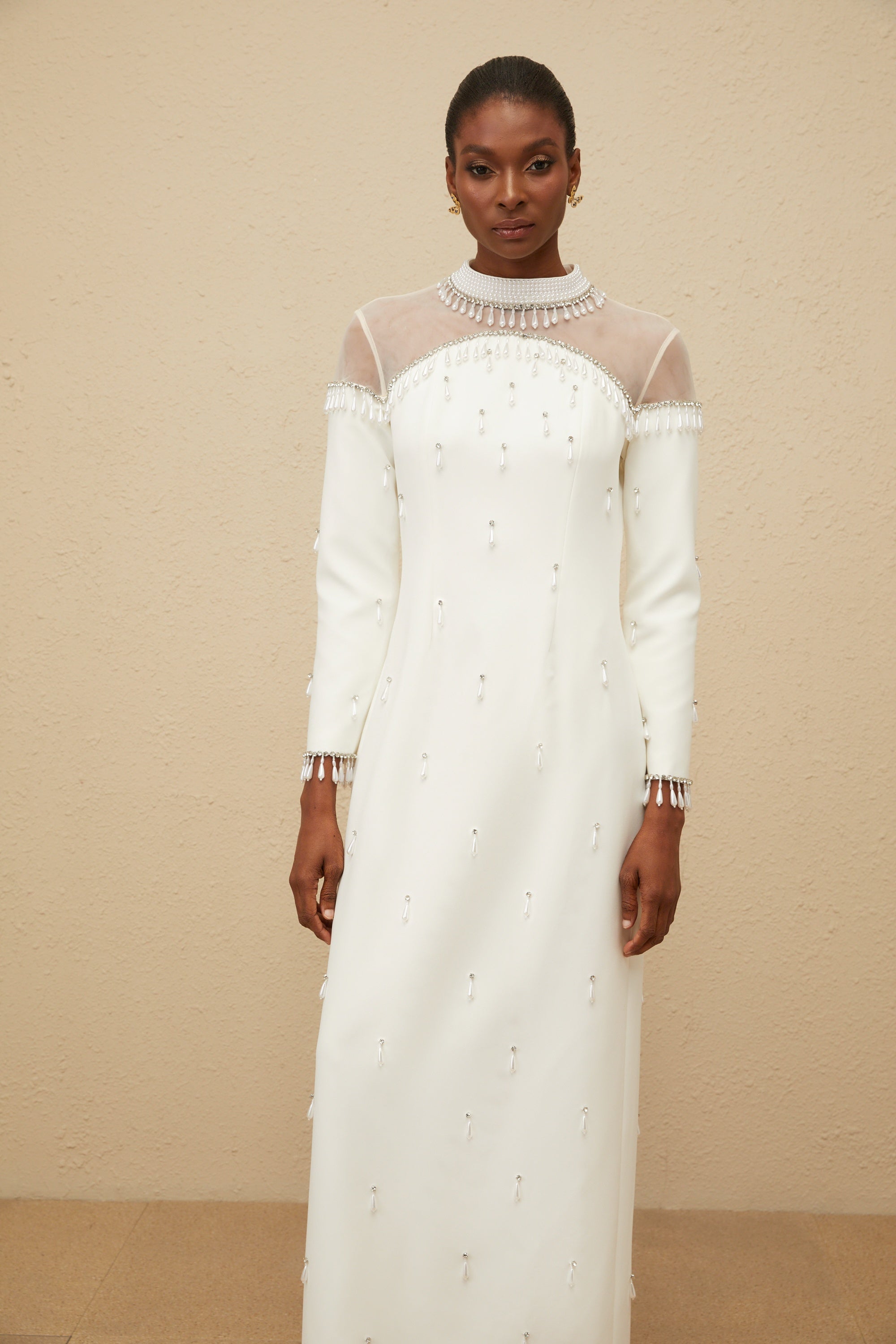 Céline White Embellished Evening Maxi Gown